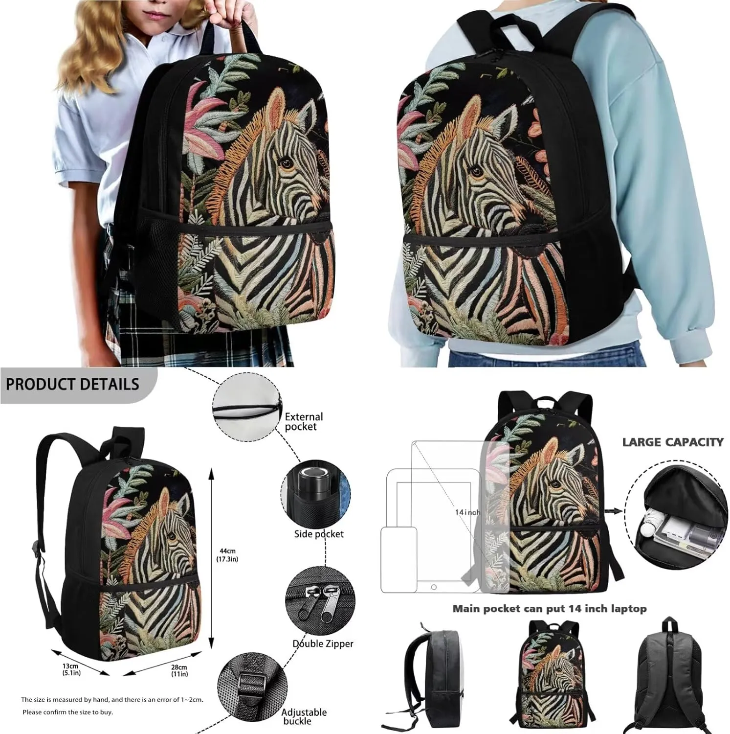 Embroidered Zebra Floral Print Backpacks Set Kids Book Bag for Primery School Large Capacity 4 in 1 Modern School Bag with Lunch Box Pencil Case Water Cup Sleeve