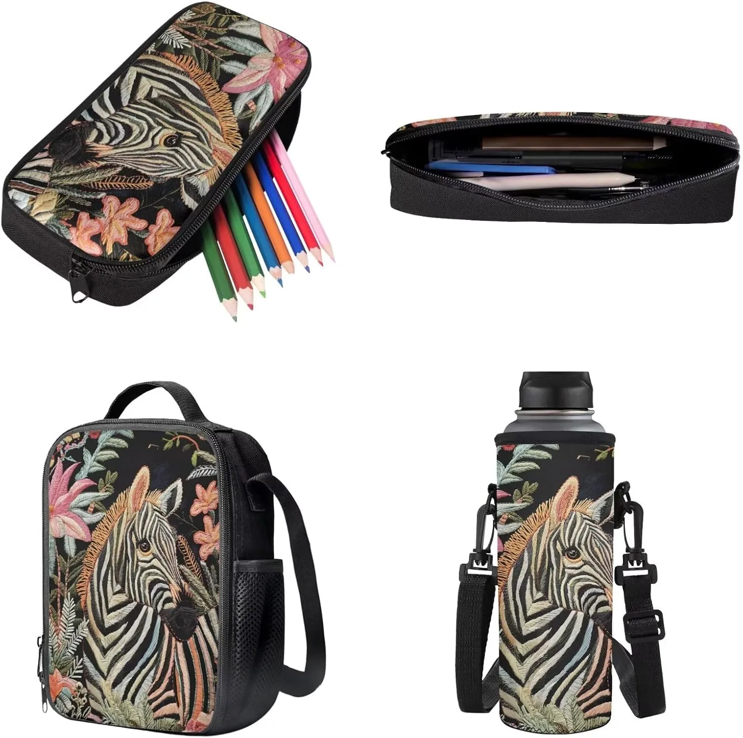 Embroidered Zebra Floral Print Backpacks Set Kids Book Bag for Primery School Large Capacity 4 in 1 Modern School Bag with Lunch Box Pencil Case Water Cup Sleeve