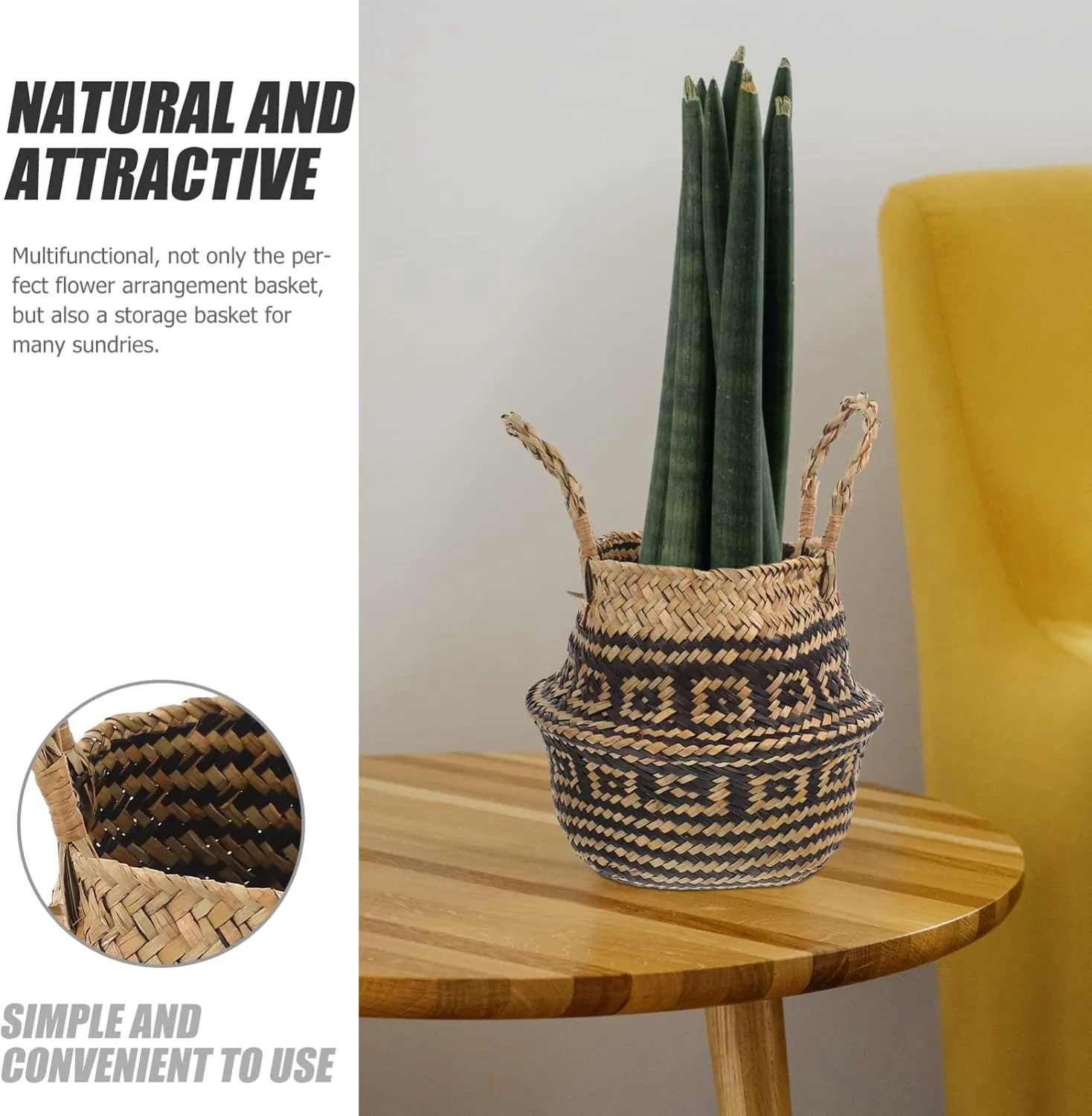 ERINGOGO Portable Indoor Plant Basket Woven Flower Basket Handle Decorative Storage for Home