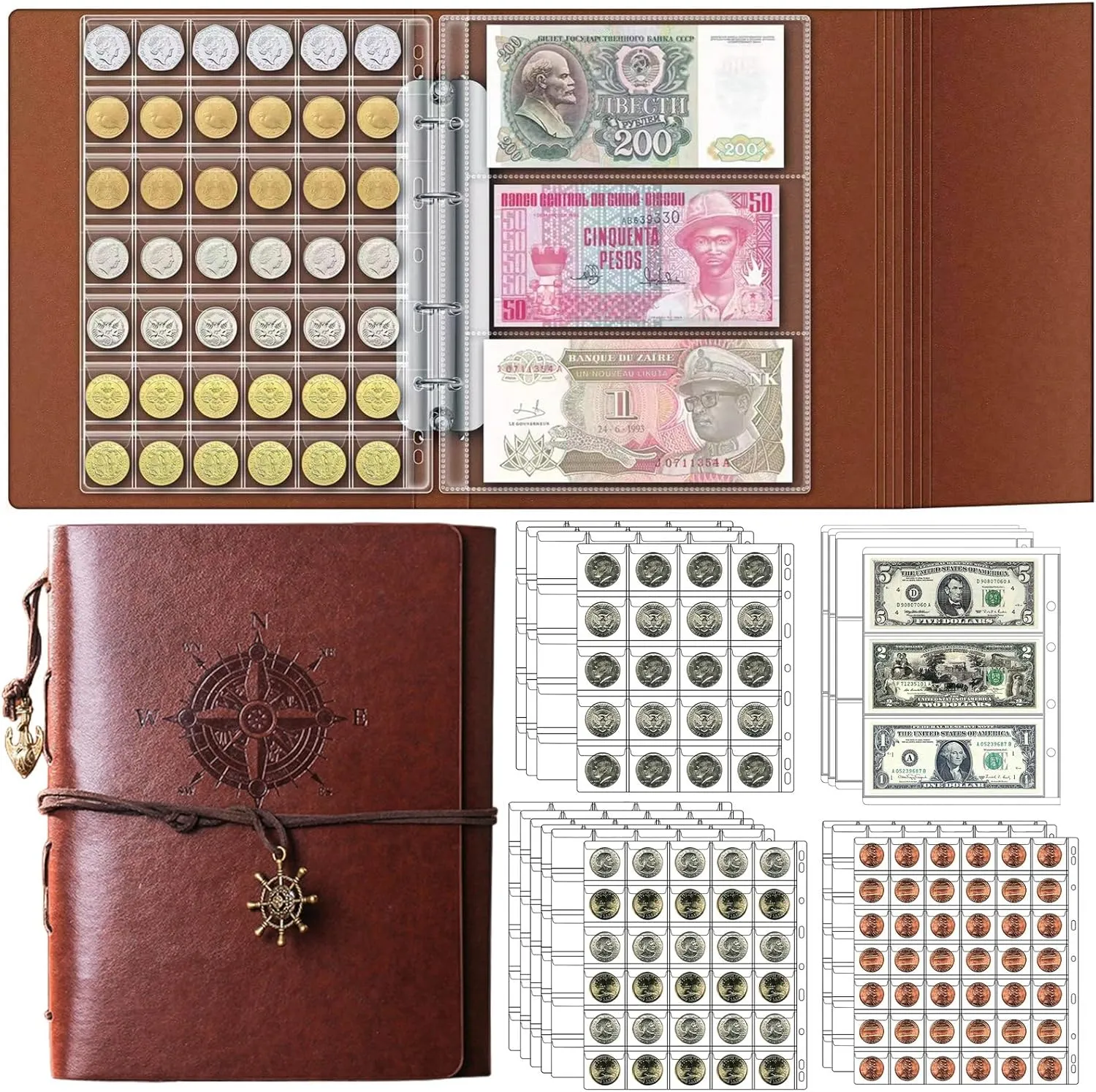 Ettonsun Coin Collection Book 386 Coin Pockets & 12 Currency Sleeves, Coin Collecting Album Holder for Collectors Money Collection Book Coin Display Storage Case Organizer for Coin Collection Supplies