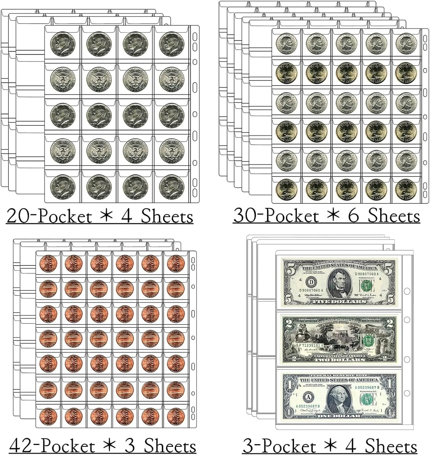 Ettonsun Coin Collection Book 386 Coin Pockets & 12 Currency Sleeves, Coin Collecting Album Holder for Collectors Money Collection Book Coin Display Storage Case Organizer for Coin Collection Supplies
