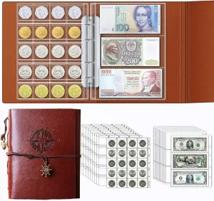 Ettonsun Coin Collection Book Holder for Collectors, 200 Pockets Coin Collecting Album & 30 Sleeves Paper Money Currency Display Storage Case for All Coin Collection Supplies (Brwon)