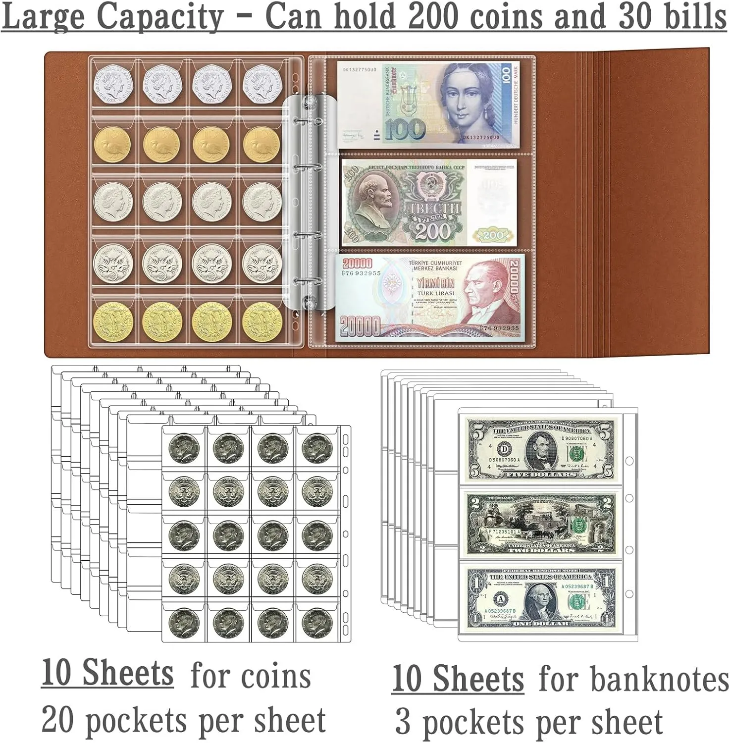 Ettonsun Coin Collection Book Holder for Collectors, 200 Pockets Coin Collecting Album & 30 Sleeves Paper Money Currency Display Storage Case for All Coin Collection Supplies (Brwon)