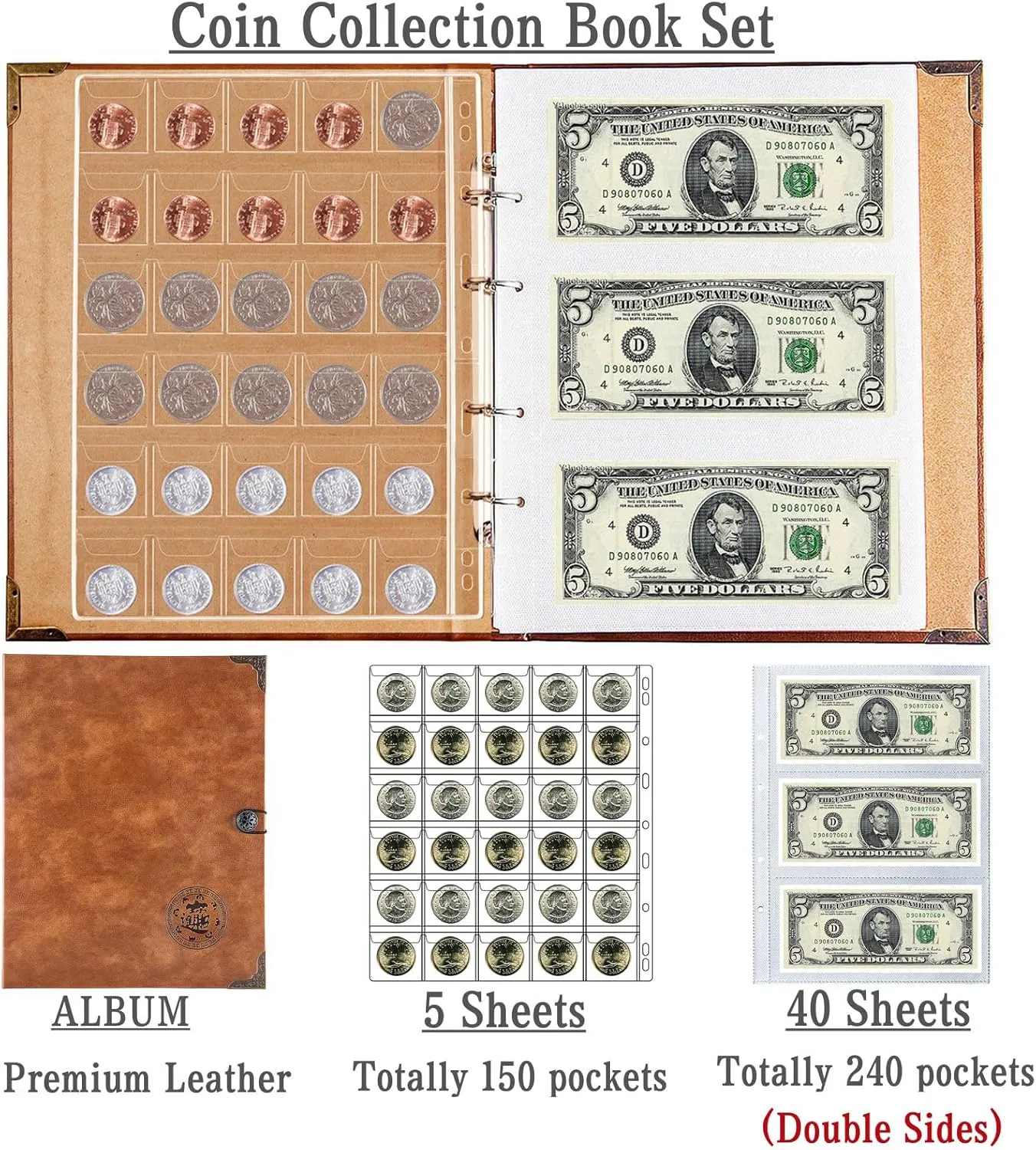 Ettonsun Coin Collection Book Holder for Collectors,150 Pockets Coin Collecting Album & 240 Sleeves Paper Money Currency Collection Organizer Display Storage Case for Coin Currency Collection Supplies