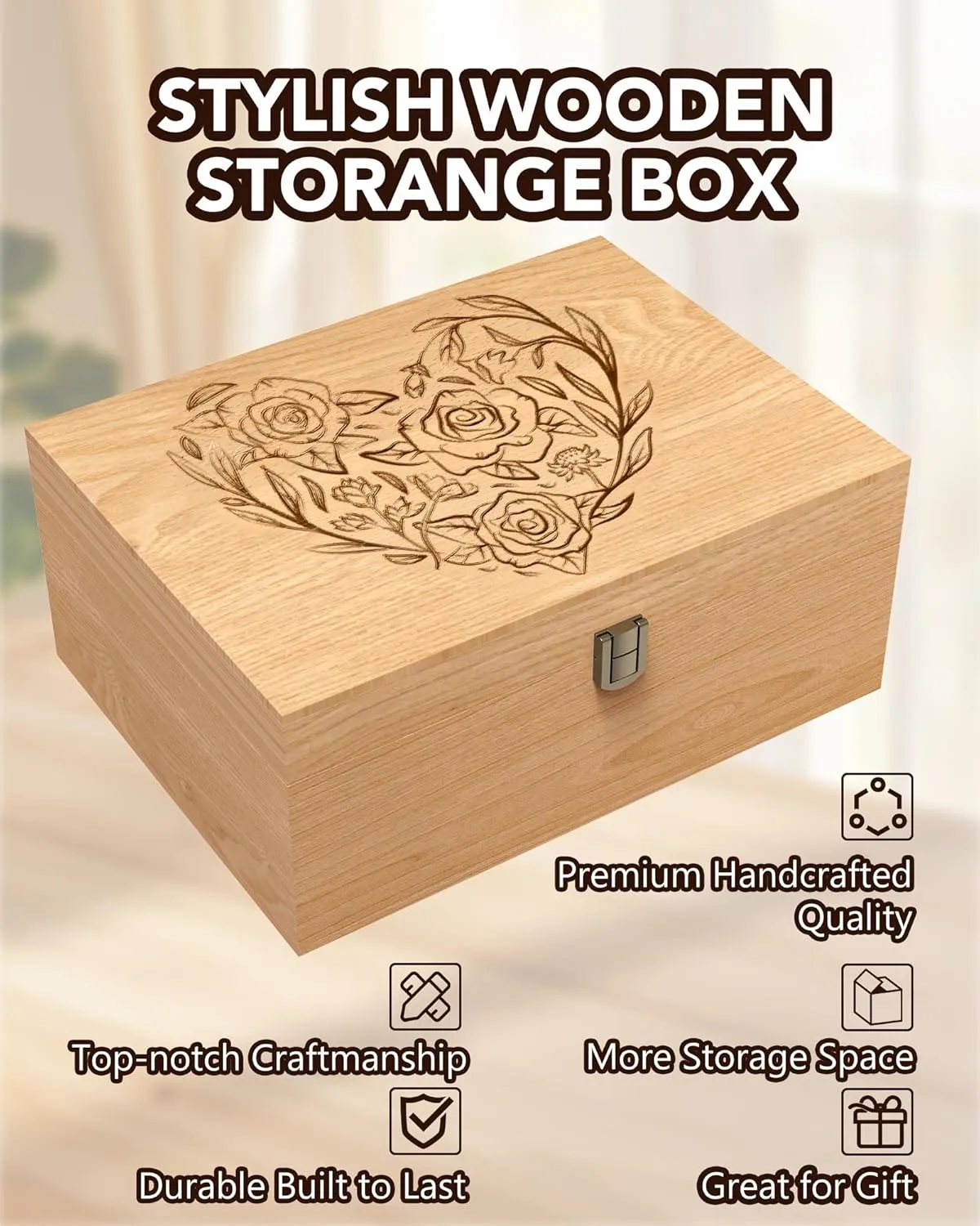 EXISTING Wooden Memory Keepsake Box, Floral Heart Engraved Keepsake Boxes with Lock, Art Box for Anniversary, Wedding, Memory, Birthday, Valentines Day for Keepsakes, Wood Box for Office or Home