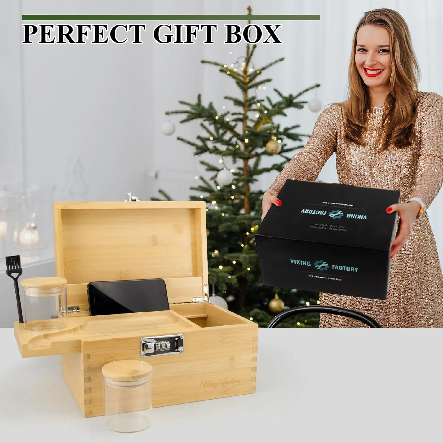 Extra Large Bamboo Gift Box with Combination Lock – Decorative Essentials Storage Set for Home and Office (Bamboo)