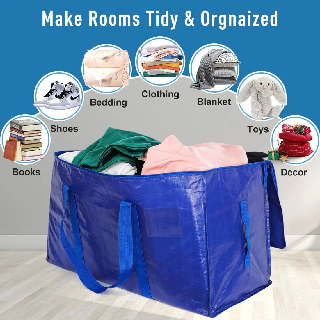 Extra Large Moving Bags Heavy Duty Totes for Storage Packing, Space Saving, Traveling, with Zippers & Strong Carrying Handles (Set of 8)