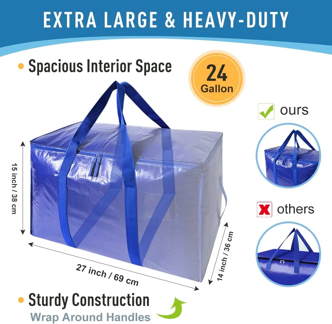 Extra Large Moving Bags Heavy Duty Totes for Storage Packing, Space Saving, Traveling, with Zippers & Strong Carrying Handles (Set of 8)