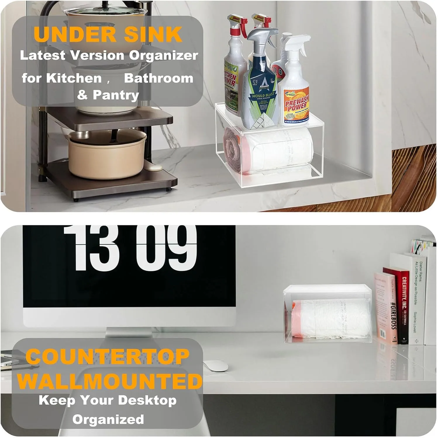 Extra Large Trash Bag Dispenser Roll Holder with Lid - Wall Mount Acrylic Garbage Bag Stackable Storage Box for Kitchen Laundry Room Cabinet Organization