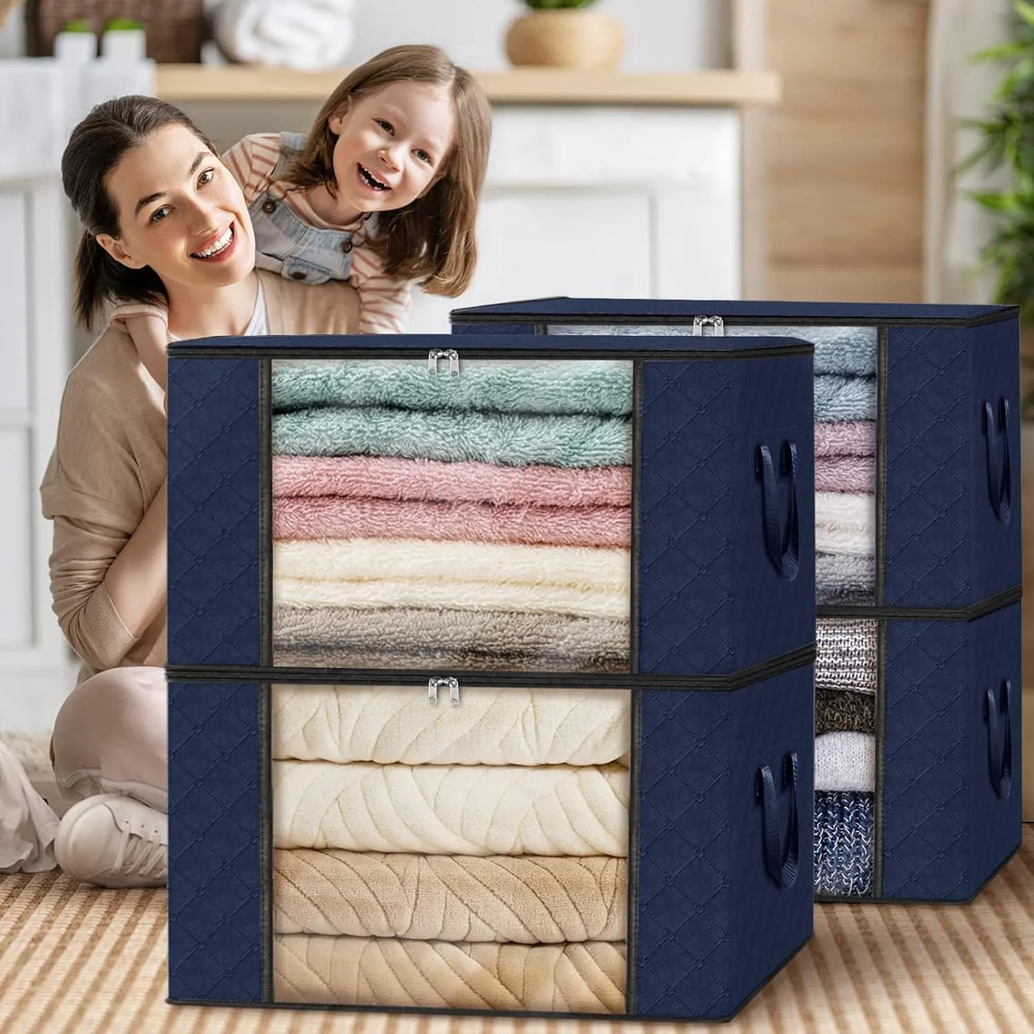 Fab totes 4 Pack Clothes Storage, Foldable Thick Fabric Blanket Storage Bags, Containers for Organizing Bedroom, Closet, Clothing, Comforter,Closet Organization with Handle,Blue