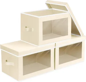 Fabric Storage Bins with Lids, Storage Cubes with Window, Decorative Storage Boxes Baskets for Organizing, Closet Organizer Storage Bins for Home, Office, 3 Packs, Beige
