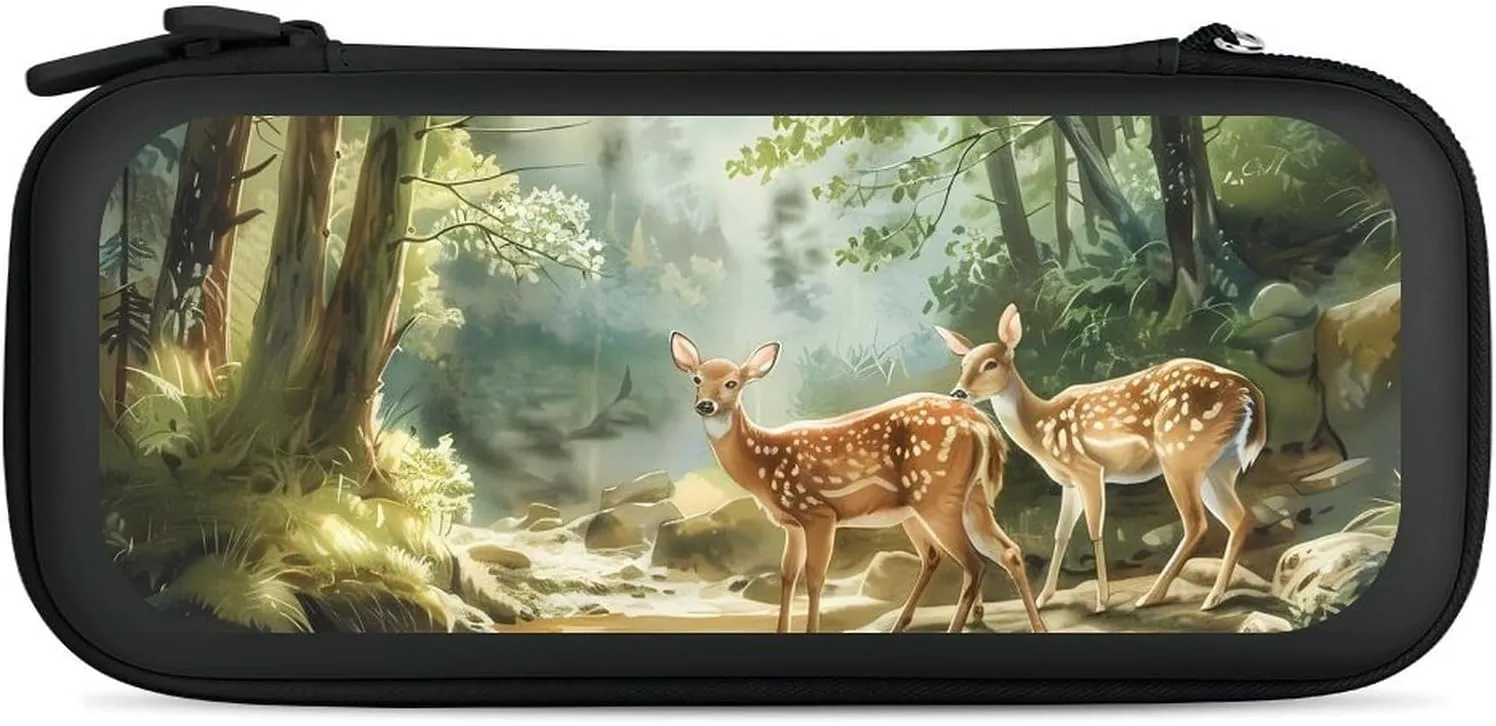 Fairytales Deer Fawn Forests Animal Hard Shell Travel Case with Rope 15 Game Card Pockets Compatible with Switch Protective