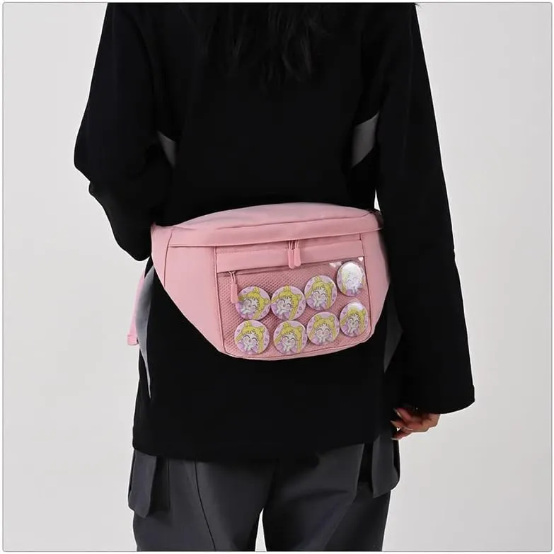Fanny Pack Ita Bag Crossbody Kawaii Cute Pin Display Bag Messenger Japanese Transparent Clear Waist Bags (pink)