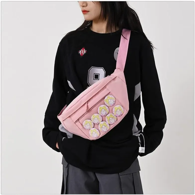 Fanny Pack Ita Bag Crossbody Kawaii Cute Pin Display Bag Messenger Japanese Transparent Clear Waist Bags (pink)
