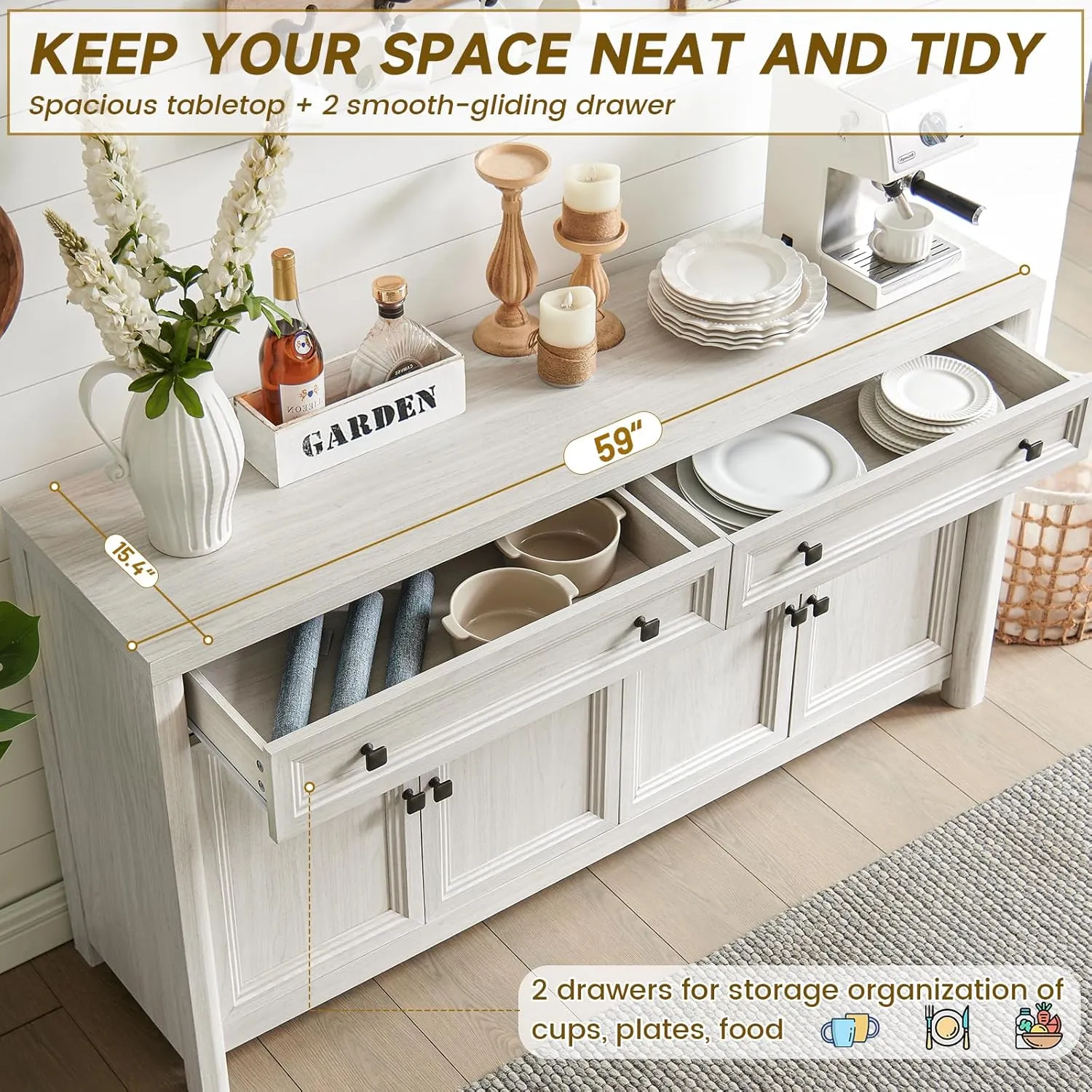 Farmhouse 59" Large Buffet Cabinet with Storage, White Sideboard Cabinets with 4 Doors and 2 Drawers, 32.1" Tall Wood Credenza Coffee Bar Console Kitchen Cabinet for Living Dining Room
