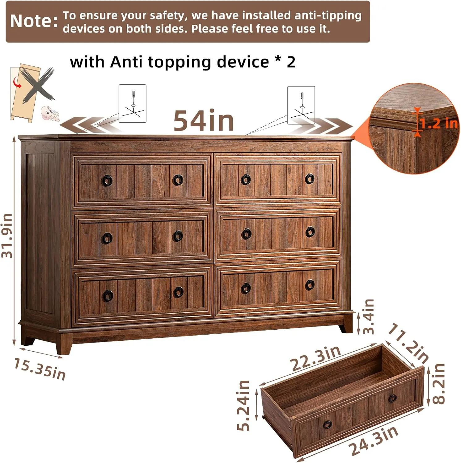 Farmhouse Dresser and Nightstand Sets 3 Piece, Furniture Set 18" Night Stand with Charging Station and 6 Drawers Dressers for Bedroom, 54" Dresser and Nightstand Set for Bedroom, Living Room