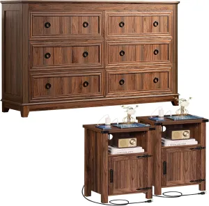 Farmhouse Dresser and Nightstand Sets 3 Piece, Furniture Set 18" Night Stand with Charging Station and 6 Drawers Dressers for Bedroom, 54" Dresser and Nightstand Set for Bedroom, Living Room