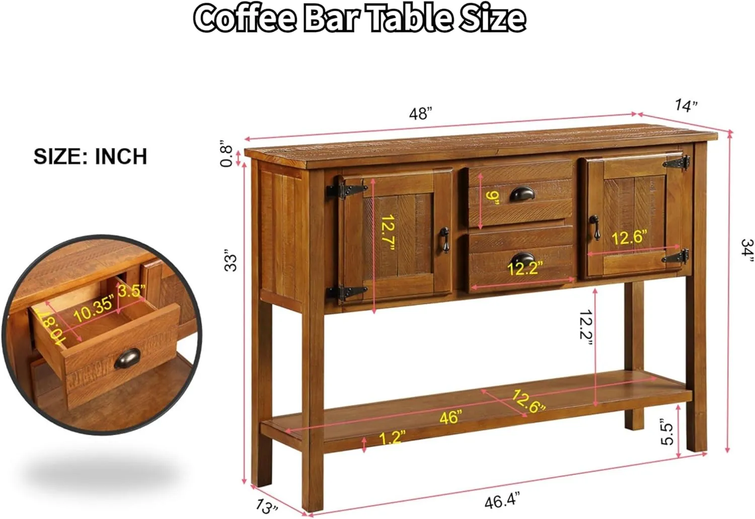 Farmhouse Sideboard Buffet Cabinet with Storage Drawers and Bottom Shelf for Entryway Hallway Foyer - Table Cupboard Coffee Bar Cabinet (48" Brown)