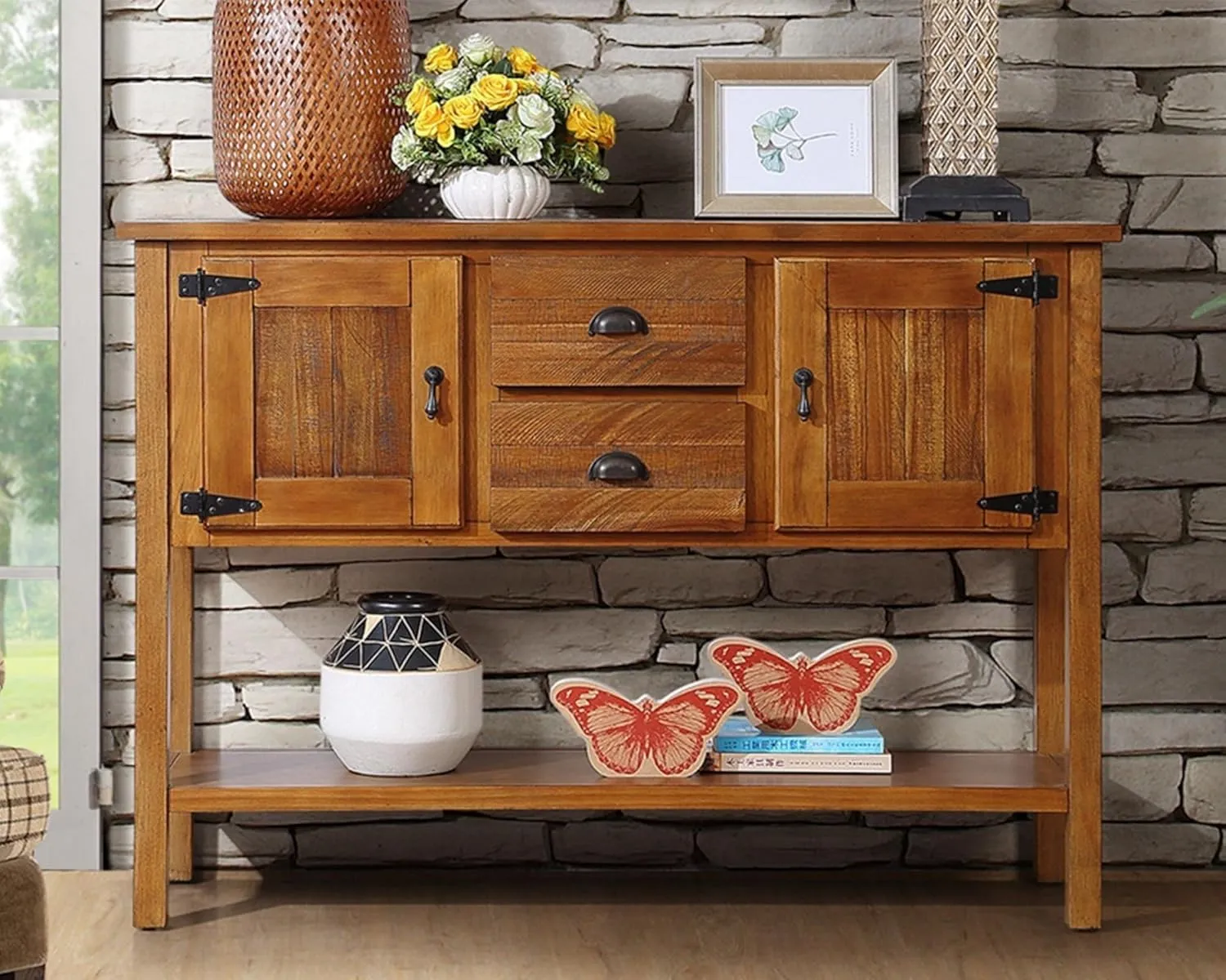 Farmhouse Sideboard Buffet Cabinet with Storage Drawers and Bottom Shelf for Entryway Hallway Foyer - Table Cupboard Coffee Bar Cabinet (48" Brown)