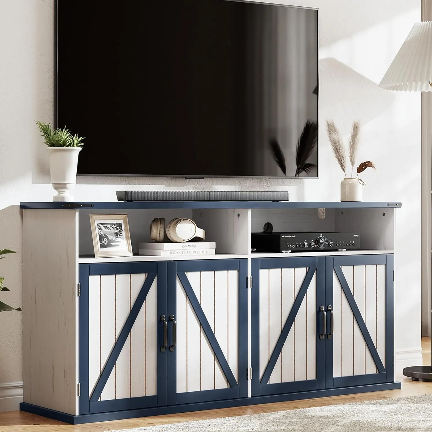 Farmhouse TV Stand, Entertainment Center with Storage Cabinets, Tall TV Console for 55 60 65 Inch Television, Rustic Wood Media Console Television Table for Living Room