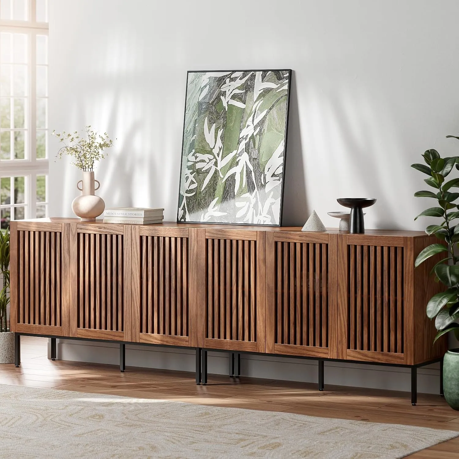 Farmhouse TV Stand for TVs up to 100 inch, 2 in 1 Entertainment Center TV Console with Storage Cabinets and Metal Base,Brown Media Console for Living Room