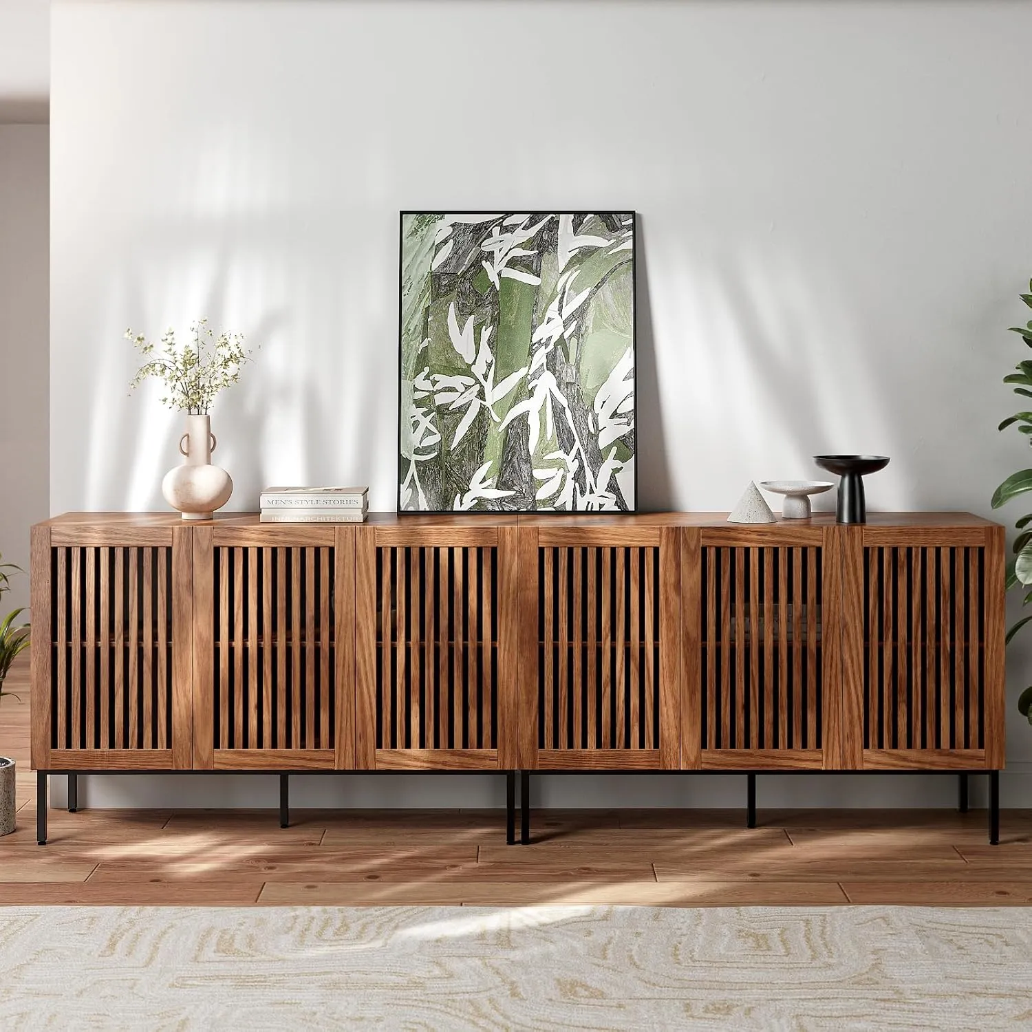 Farmhouse TV Stand for TVs up to 100 inch, 2 in 1 Entertainment Center TV Console with Storage Cabinets and Metal Base,Brown Media Console for Living Room