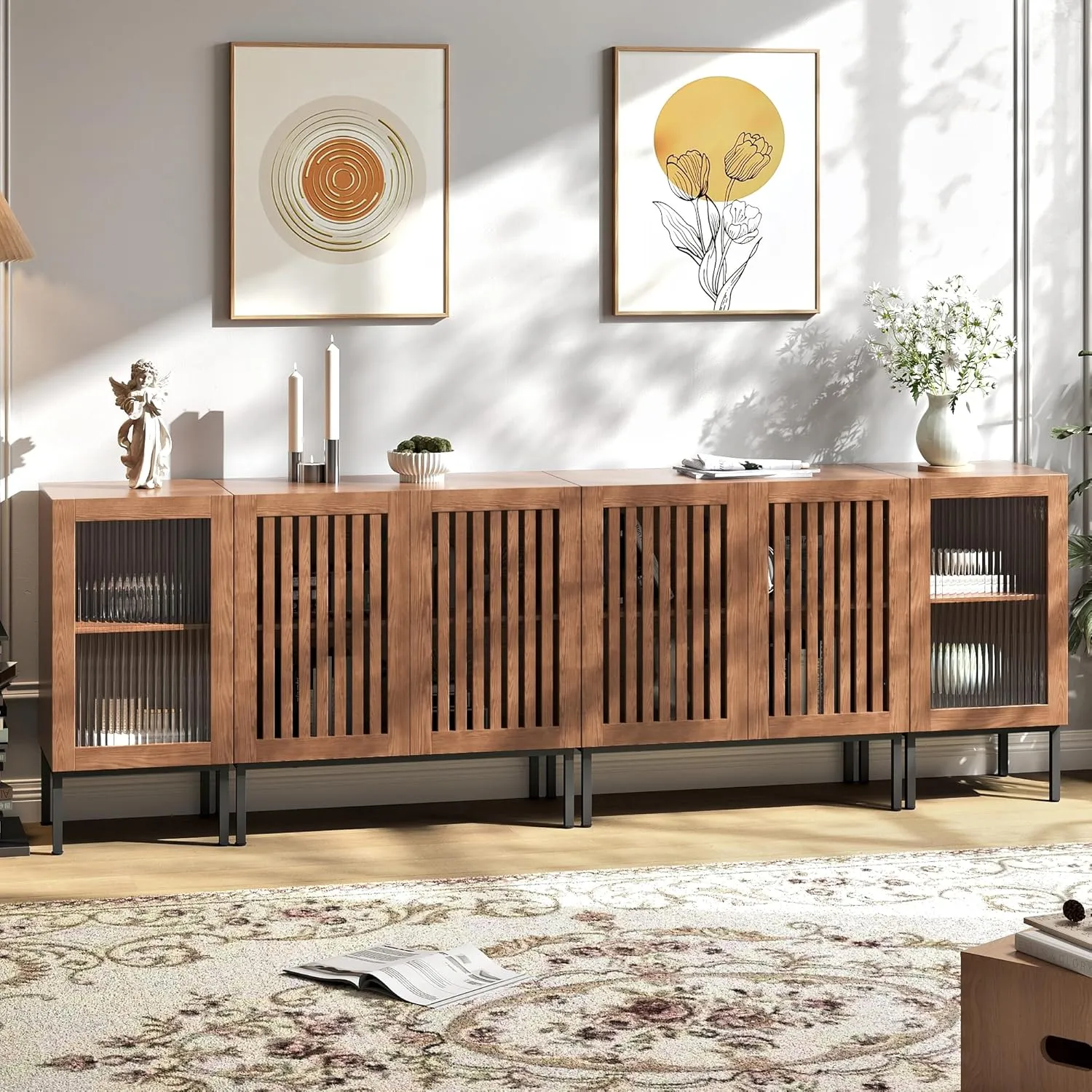 Farmhouse TV Stand for TVs up to 100 Inch, Entertainment Center TV Console with Storage Cabinets and Glass Doors,Media Console for Living Room,Brown