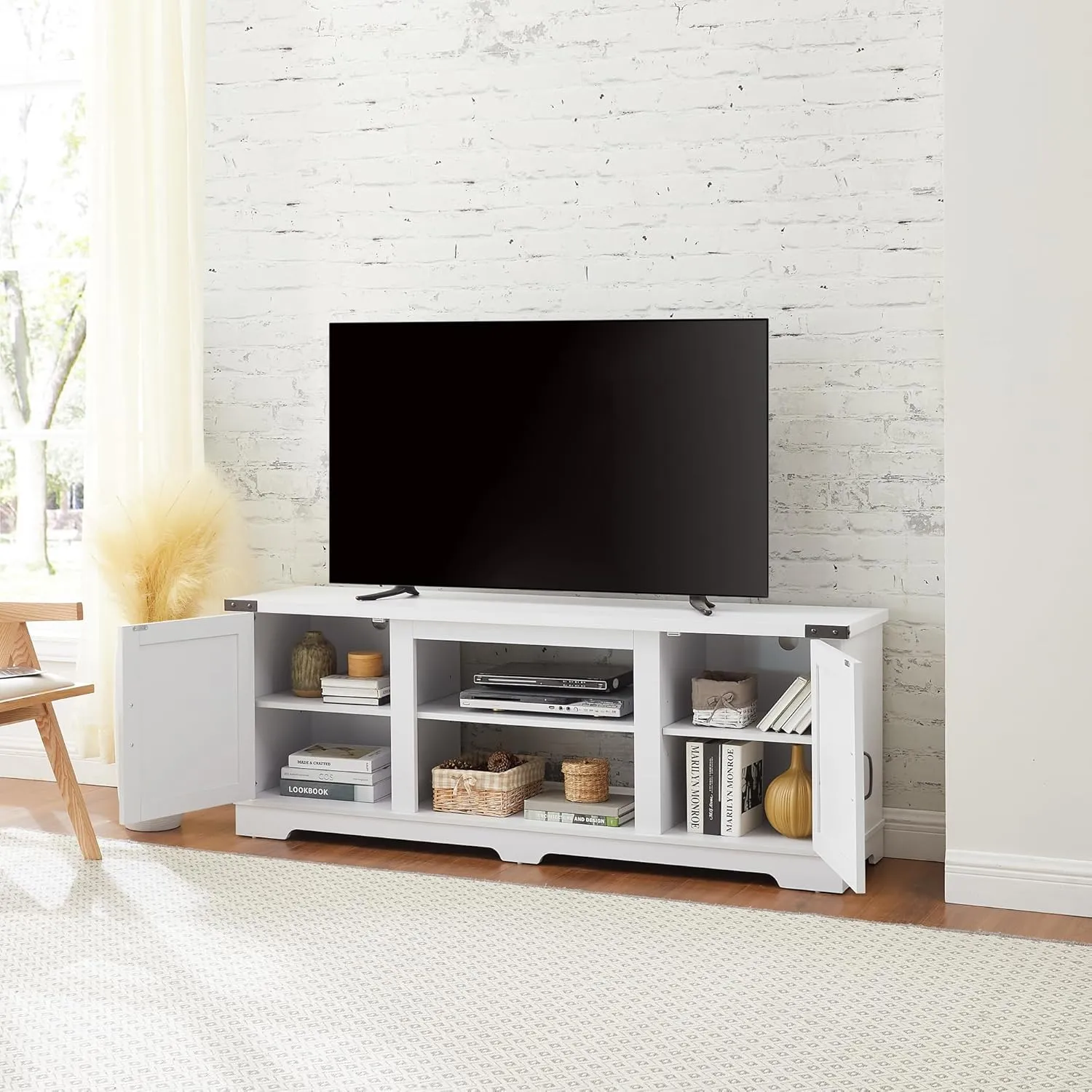 Farmhouse TV Stand with Open Shelves and Closed Storage, 65''W Modern Entertainment Center for TVs up to 70'', White Entertainment Console Table for Living Room