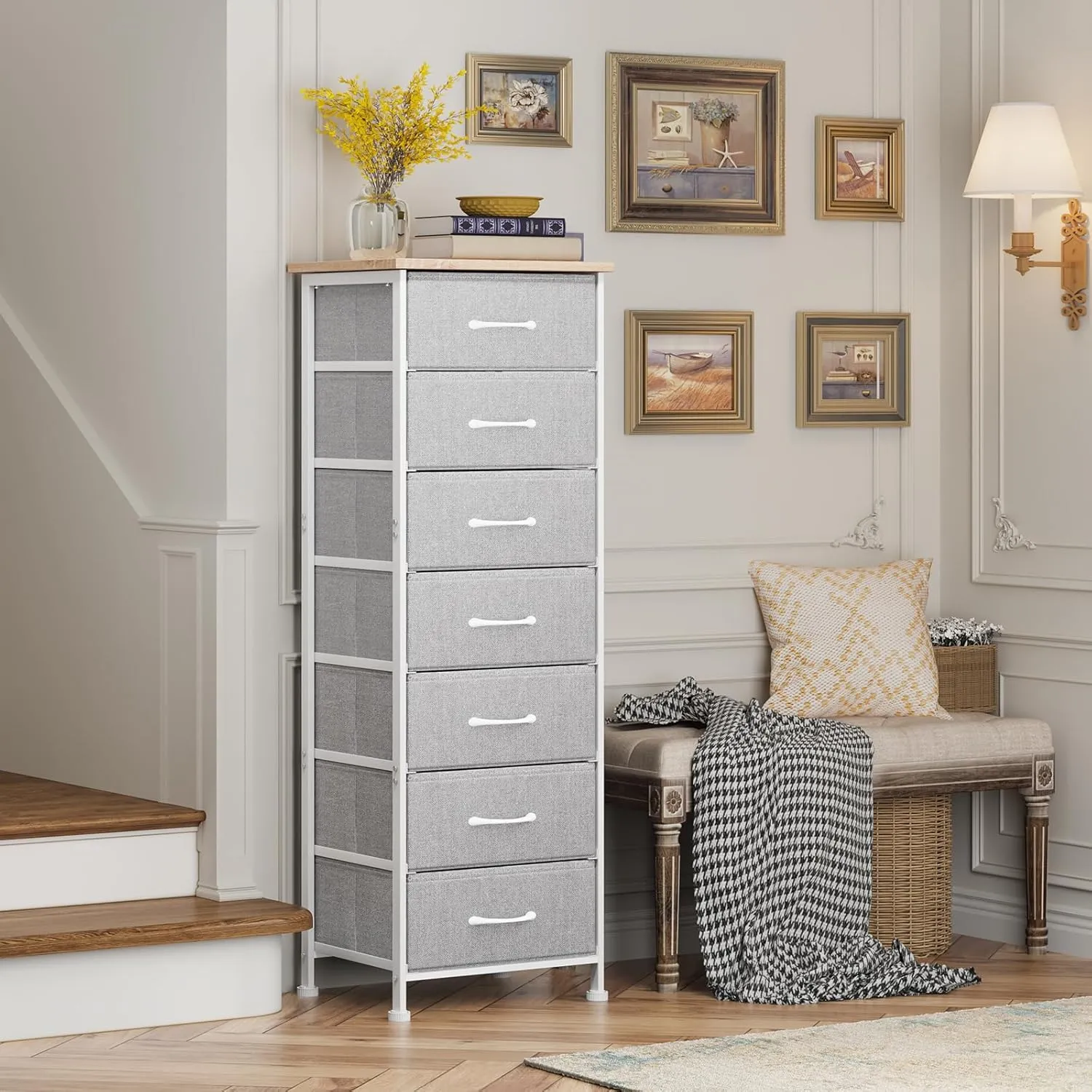 Fixwal Tall Dresser for Bedroom, Storage Dresser Organizer with 7 Fabric Drawers, Nightstand Furniture in Closet, Entryway, Hallway, Light Grey