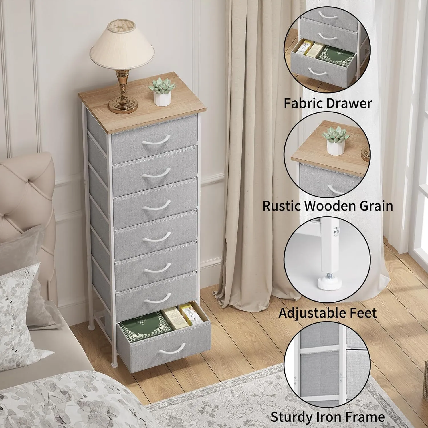 Fixwal Tall Dresser for Bedroom, Storage Dresser Organizer with 7 Fabric Drawers, Nightstand Furniture in Closet, Entryway, Hallway, Light Grey
