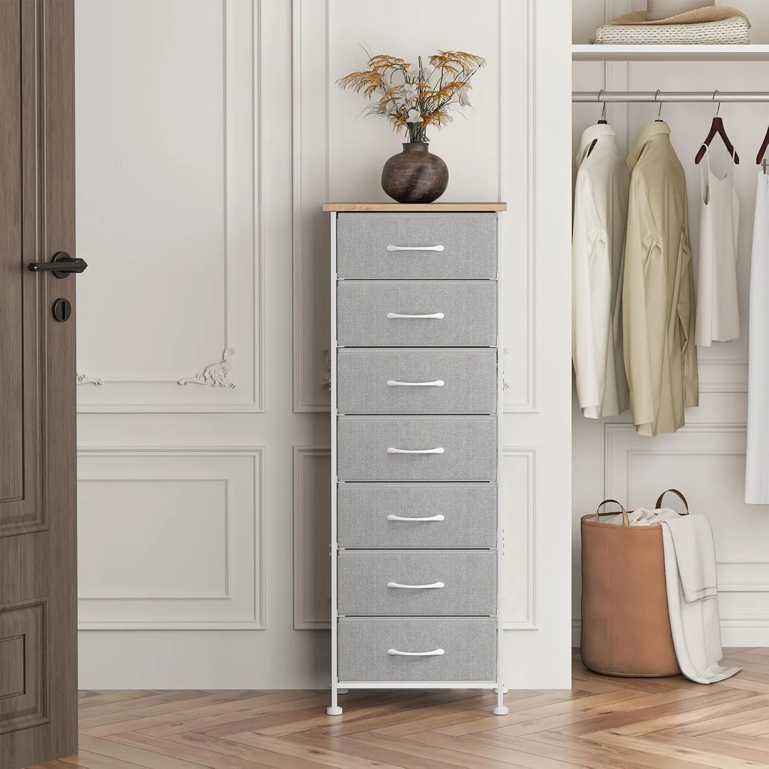 Fixwal Tall Dresser for Bedroom, Storage Dresser Organizer with 7 Fabric Drawers, Nightstand Furniture in Closet, Entryway, Hallway, Light Grey