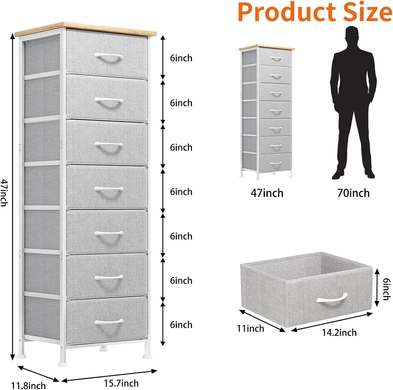 Fixwal Tall Dresser for Bedroom, Storage Dresser Organizer with 7 Fabric Drawers, Nightstand Furniture in Closet, Entryway, Hallway, Light Grey