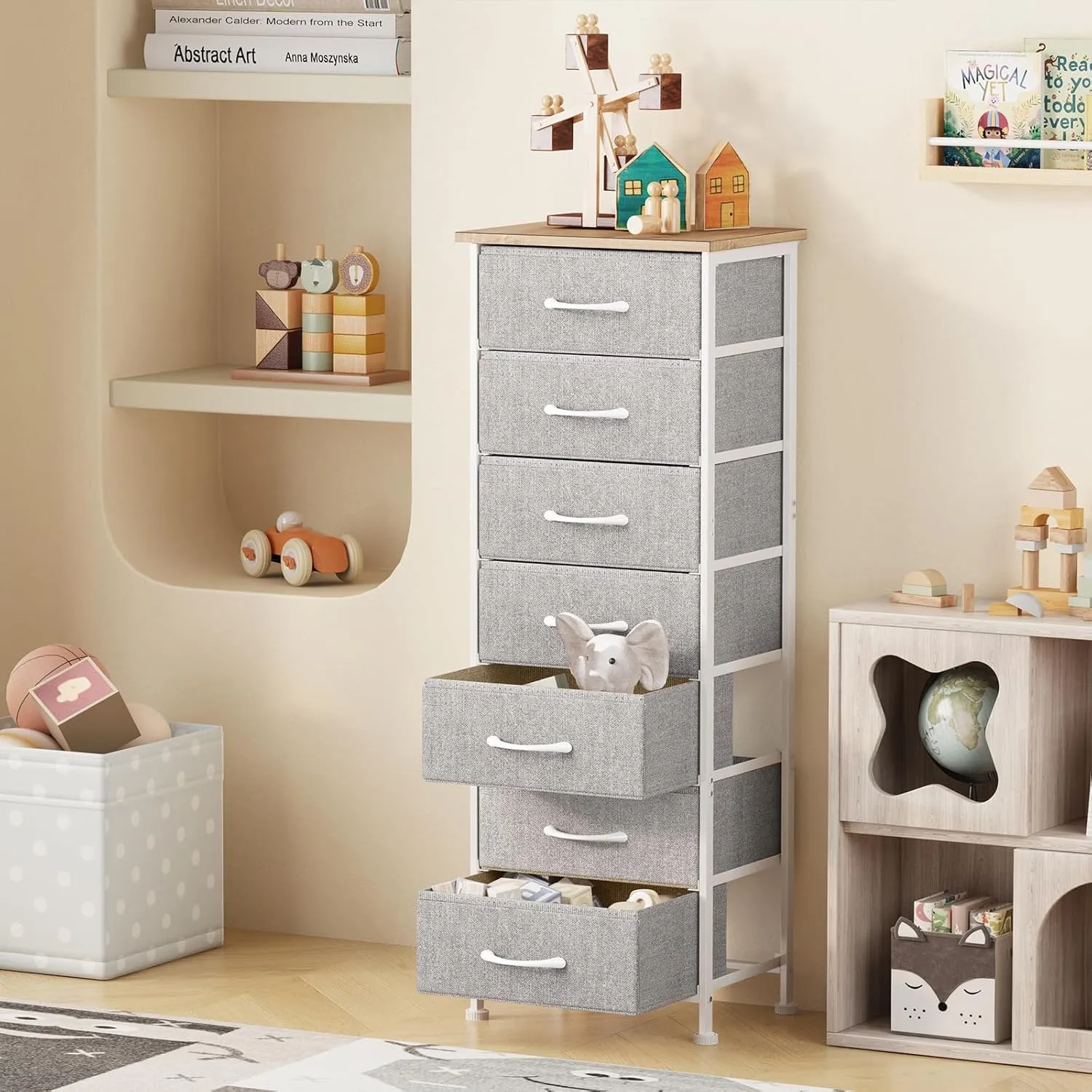 Fixwal Tall Dresser for Bedroom, Storage Dresser Organizer with 7 Fabric Drawers, Nightstand Furniture in Closet, Entryway, Hallway, Light Grey