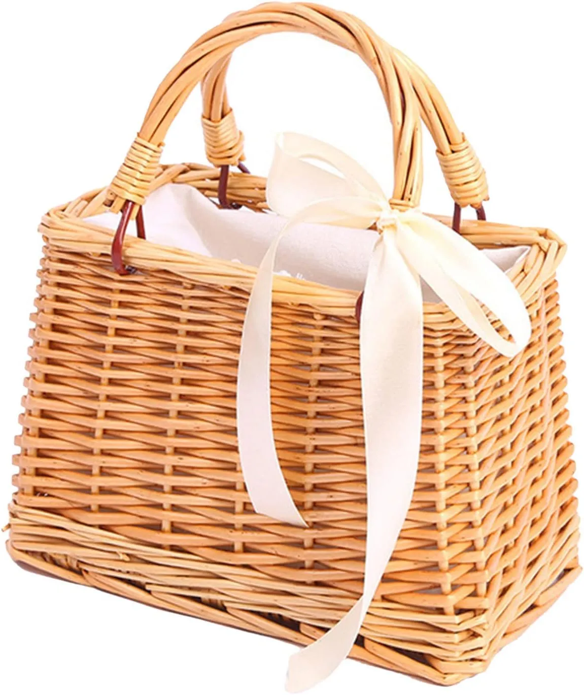Flower Basket,Wedding Flower Girl Basket,Multifunctional Storage Flower Basket,Rectangle Woven Handbag with Bowknot Wicker Trendy Concise Women Handbag Collocation Accessory - Rectangle
