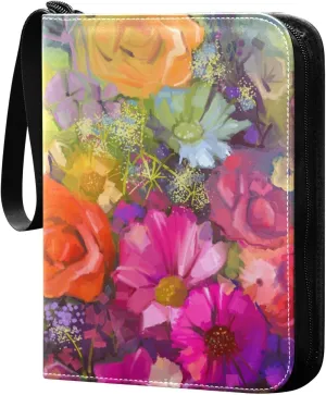 Flowers Painting Card Binder 4 Pocket, Trading Card Binder Holder Fits 400 Cards with 50 Sleeves, Card Collection Binder Album Book Holder for Baseball Football Games Cards