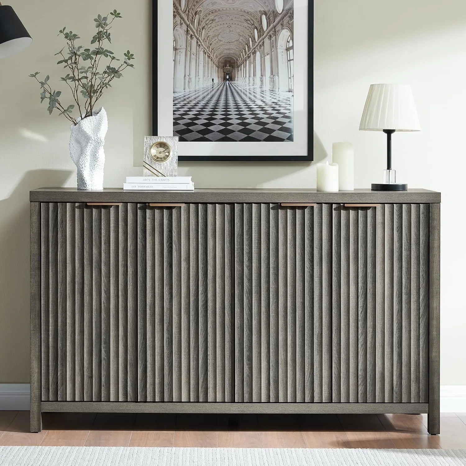 Fluted Buffet Cabinet with Storage, 56" Large Sideboard Modern Credenza with 4 Doors & Adjustable Shelves, Farmhouse Media Console Storage Cabinets for Living Room Entryway, Black