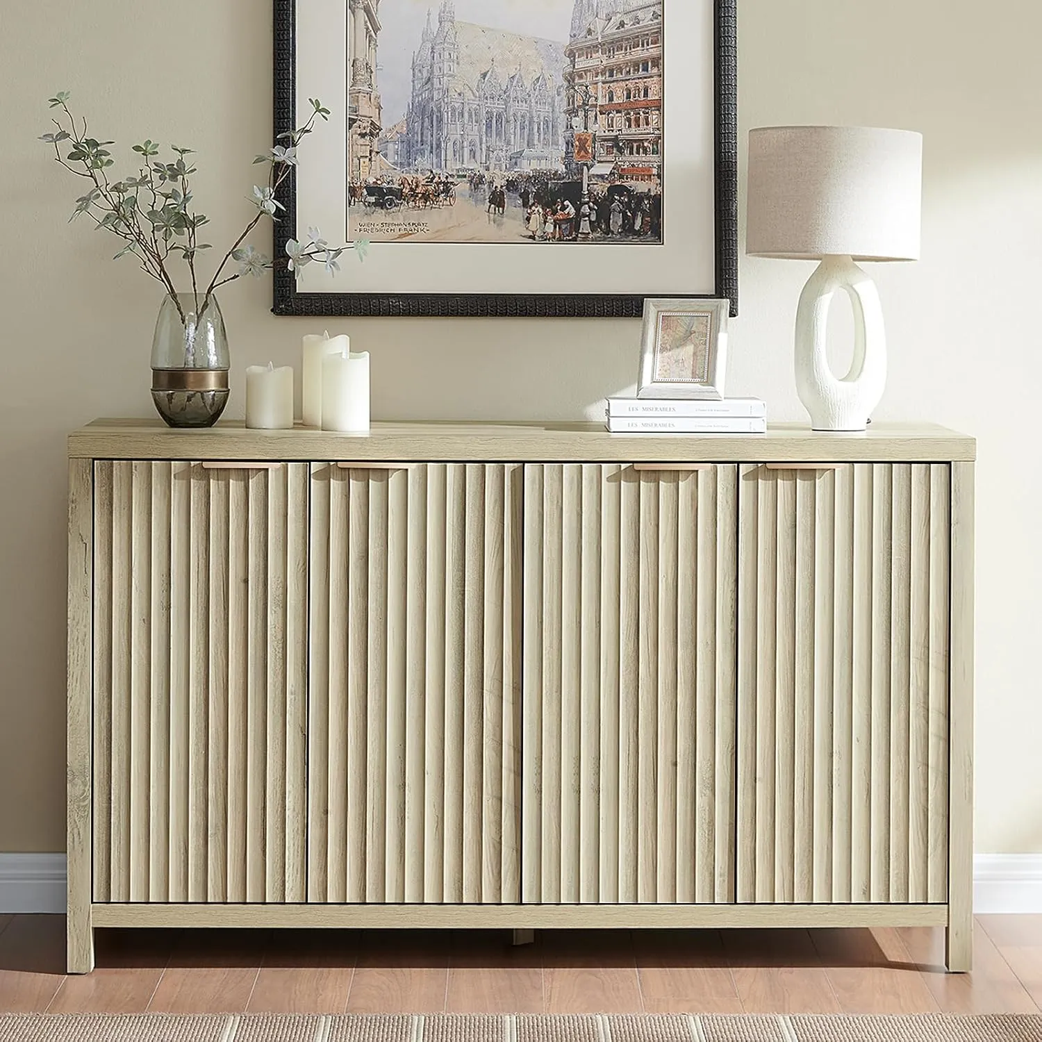 Fluted Buffet Cabinet with Storage, 56" Large Sideboard Modern Credenza with 4 Doors & Adjustable Shelves, Farmhouse Media Console Storage Cabinets for Living Room Entryway,Natural