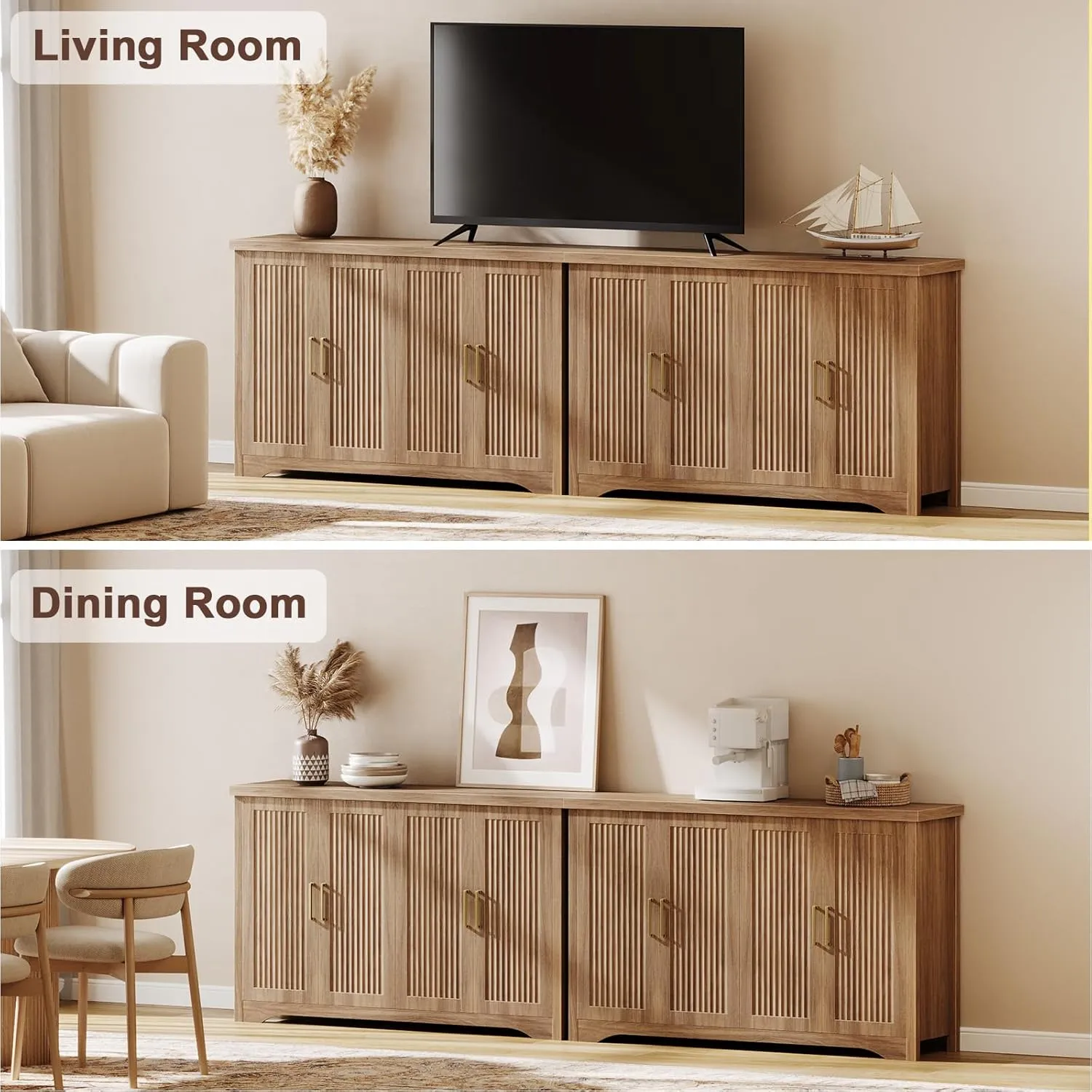Fluted Buffet Cabinet with Storage Accent Sideboard,Modern Credenza with 4 Doors & Adjustable Shelves,Wood Coffee Bar Table Console for Dining Room Kitchen Living Room Entryway,Natural Oak