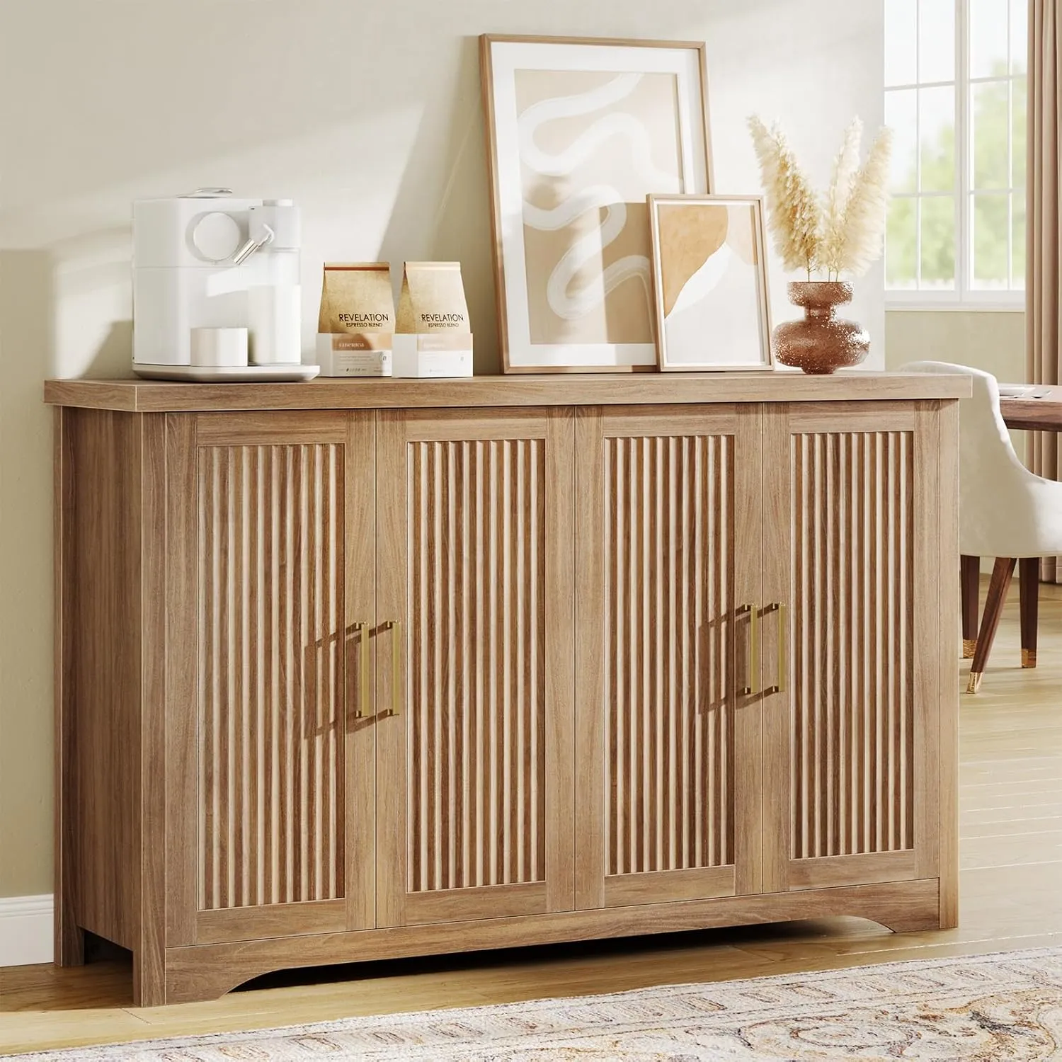 Fluted Buffet Cabinet with Storage Accent Sideboard,Modern Credenza with 4 Doors & Adjustable Shelves,Wood Coffee Bar Table Console for Dining Room Kitchen Living Room Entryway,Natural Oak