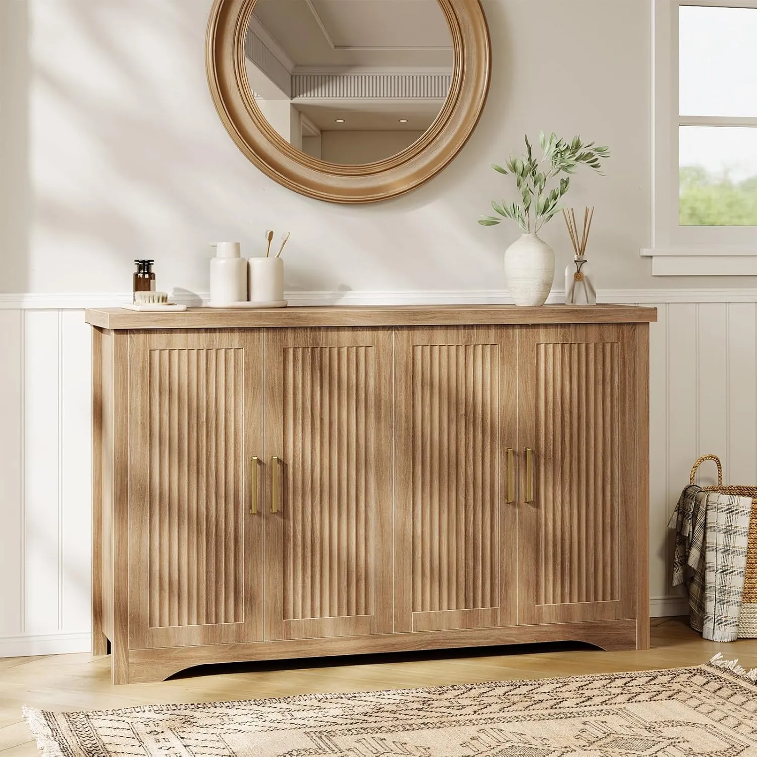 Fluted Buffet Cabinet with Storage Accent Sideboard,Modern Credenza with 4 Doors & Adjustable Shelves,Wood Coffee Bar Table Console for Dining Room Kitchen Living Room Entryway,Natural Oak