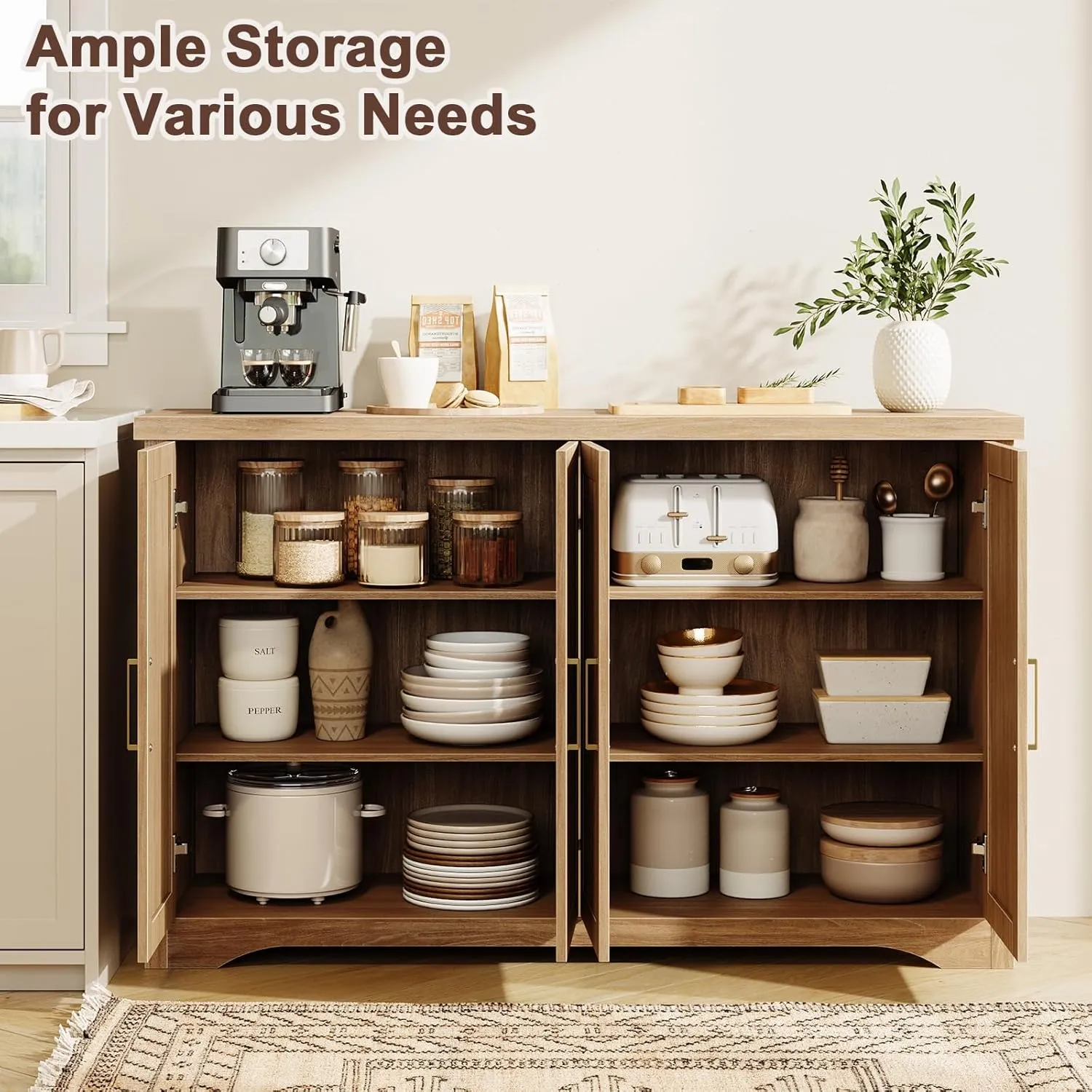 Fluted Buffet Cabinet with Storage Accent Sideboard,Modern Credenza with 4 Doors & Adjustable Shelves,Wood Coffee Bar Table Console for Dining Room Kitchen Living Room Entryway,Natural Oak