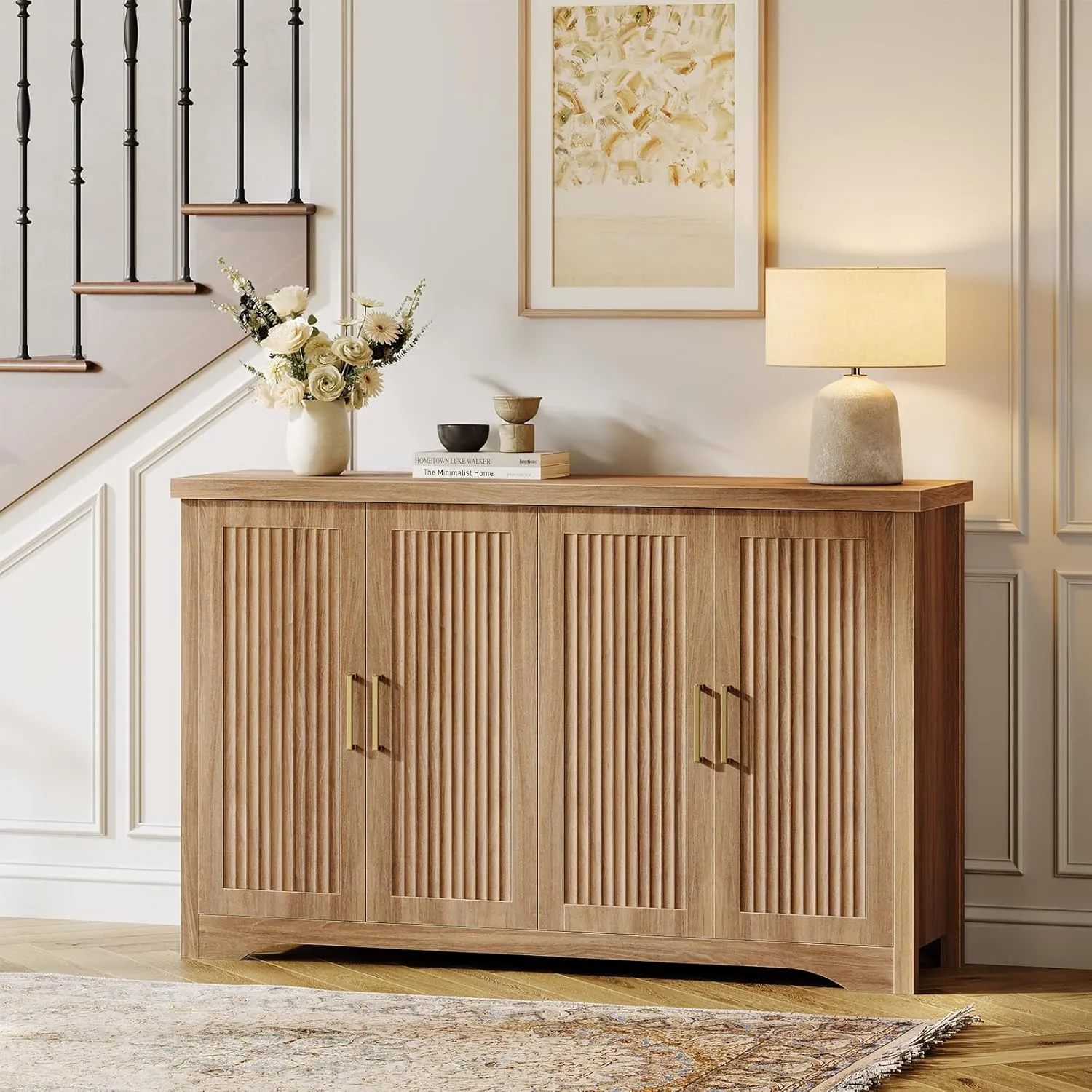 Fluted Buffet Cabinet with Storage Accent Sideboard,Modern Credenza with 4 Doors & Adjustable Shelves,Wood Coffee Bar Table Console for Dining Room Kitchen Living Room Entryway,Natural Oak