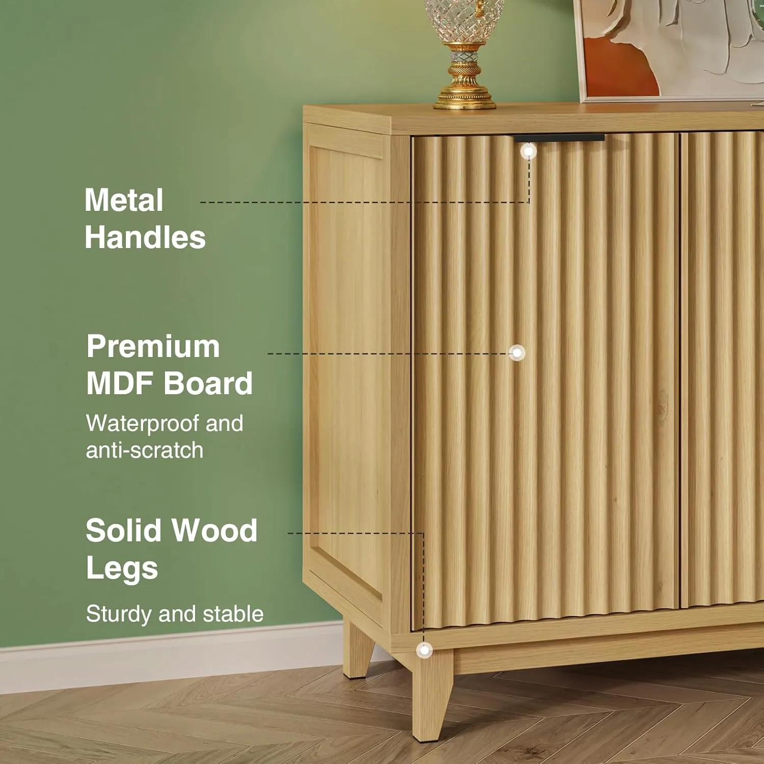 Fluted Cabinet with Storage, 2 Doors Sideboard Buffet, Mid Century Modern Accent Cabinet with Adjustable Shelves, Multifunctional Console Table with Storage for Living Room, Kitchen, Entryway