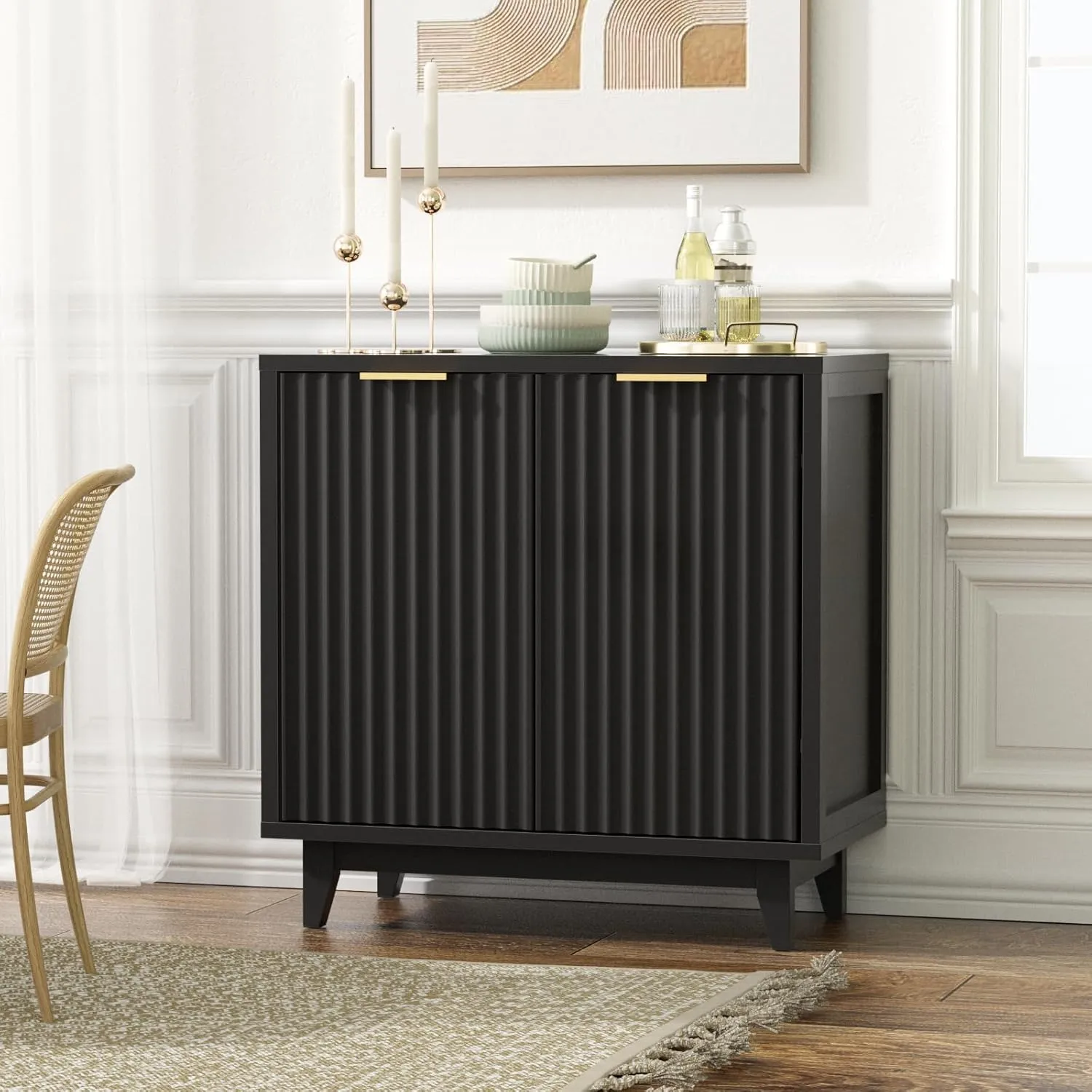 Fluted Cabinet with Storage, 2 Doors Sideboard Buffet, Mid Century Modern Accent Cabinet with Adjustable Shelves, Multifunctional Console Table with Storage for Living Room, Kitchen, Entryway