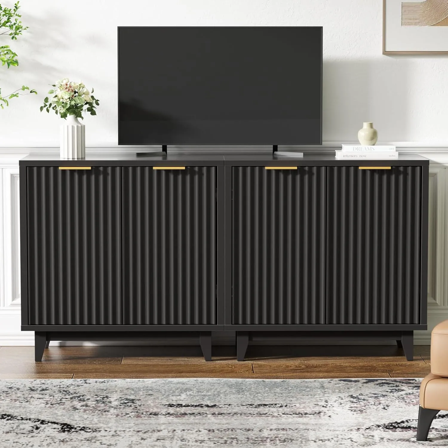 Fluted Cabinet with Storage, 2 Doors Sideboard Buffet, Mid Century Modern Accent Cabinet with Adjustable Shelves, Multifunctional Console Table with Storage for Living Room, Kitchen, Entryway