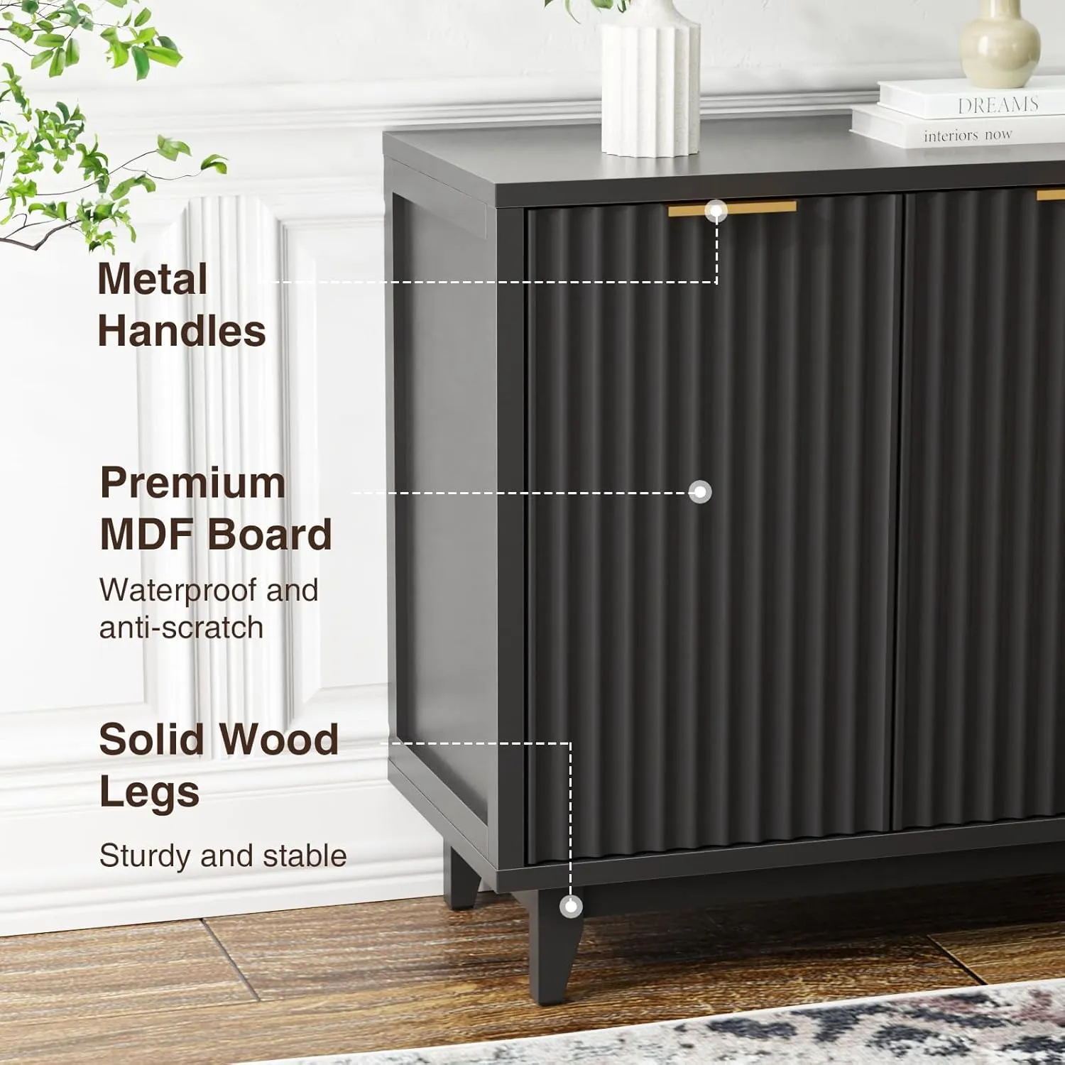 Fluted Cabinet with Storage, 2 Doors Sideboard Buffet, Mid Century Modern Accent Cabinet with Adjustable Shelves, Multifunctional Console Table with Storage for Living Room, Kitchen, Entryway