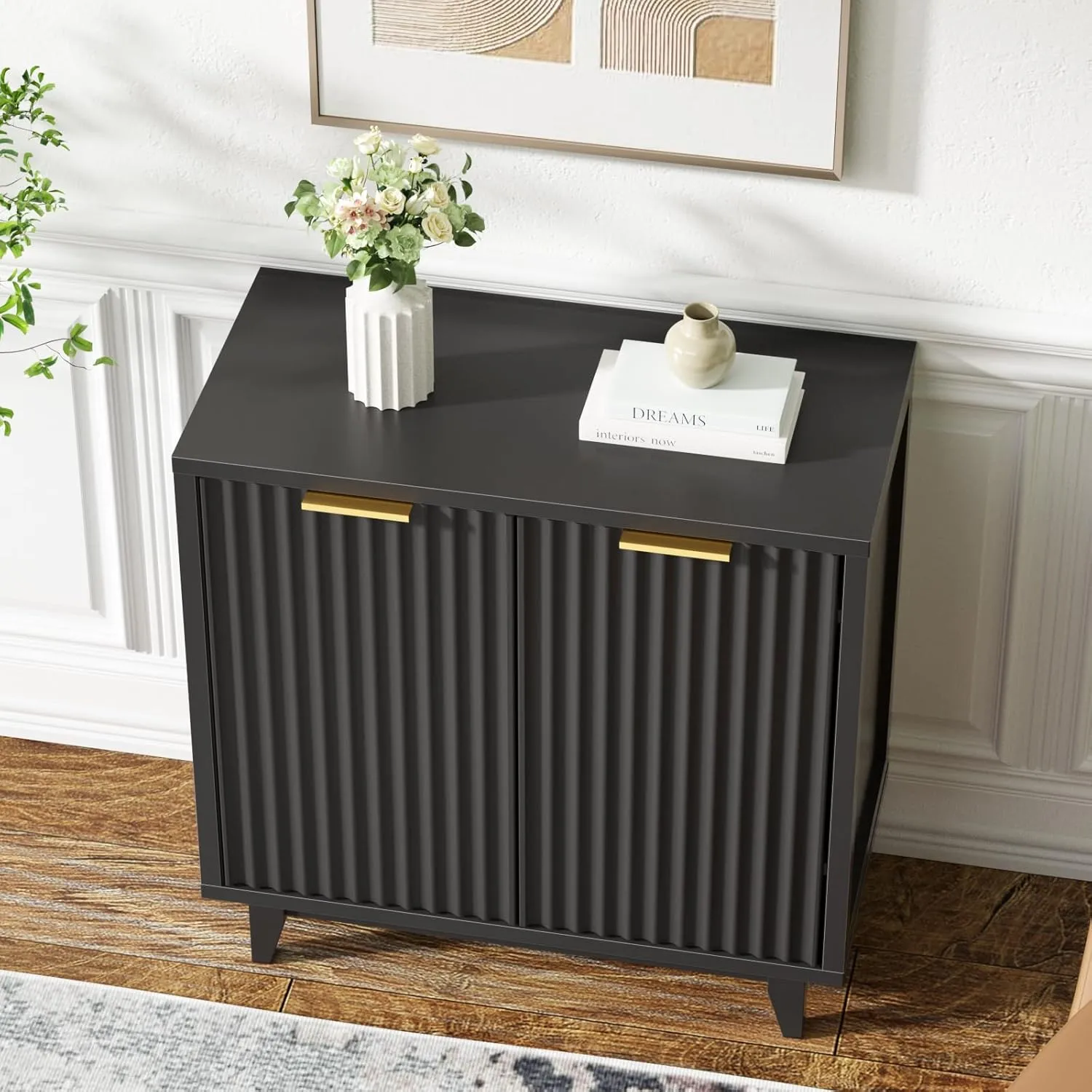 Fluted Cabinet with Storage, 2 Doors Sideboard Buffet, Mid Century Modern Accent Cabinet with Adjustable Shelves, Multifunctional Console Table with Storage for Living Room, Kitchen, Entryway