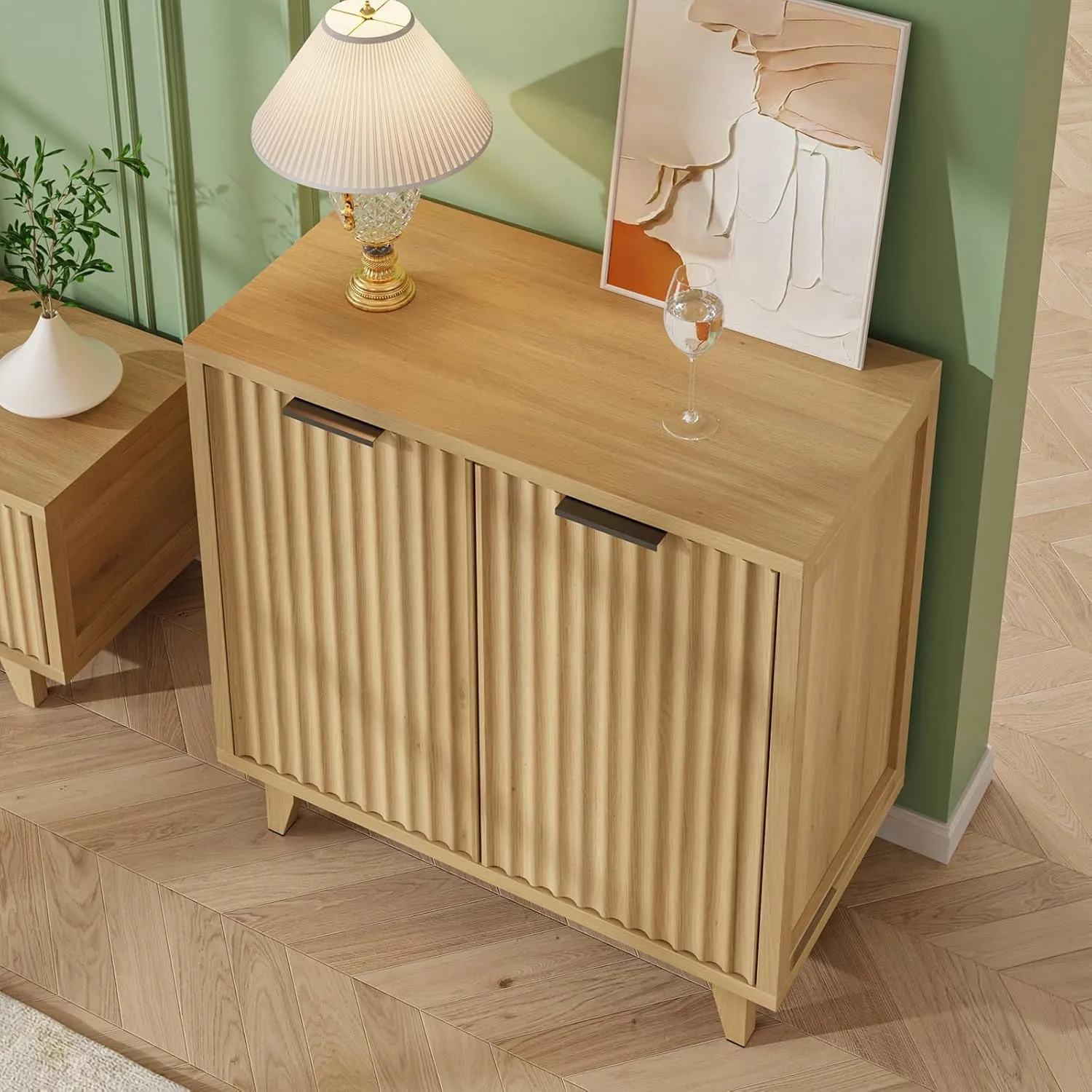 Fluted Cabinet with Storage, 2 Doors Sideboard Buffet, Mid Century Modern Accent Cabinet with Adjustable Shelves, Multifunctional Console Table with Storage for Living Room, Kitchen, Entryway