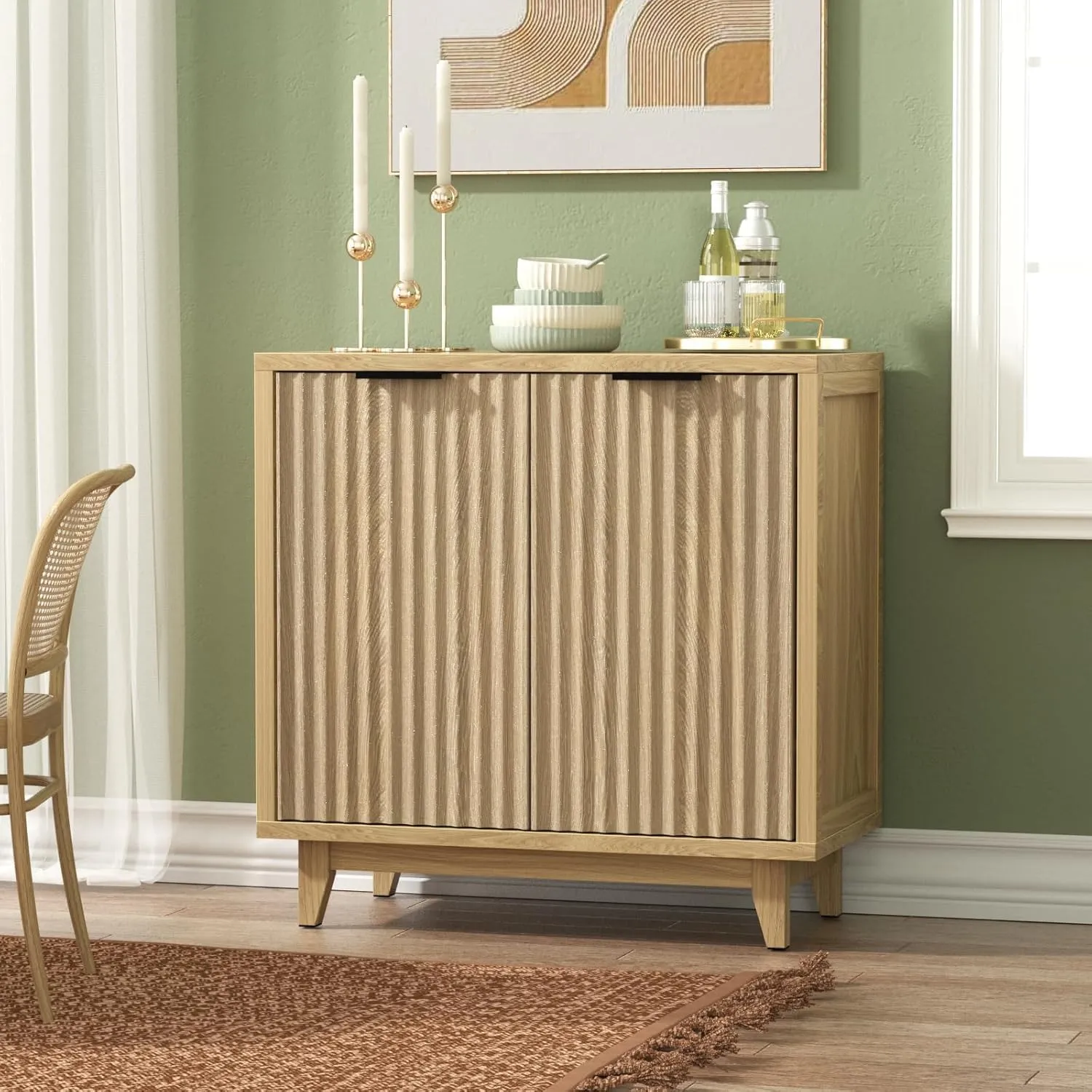 Fluted Cabinet with Storage, 2 Doors Sideboard Buffet, Mid Century Modern Accent Cabinet with Adjustable Shelves, Multifunctional Console Table with Storage for Living Room, Kitchen, Entryway