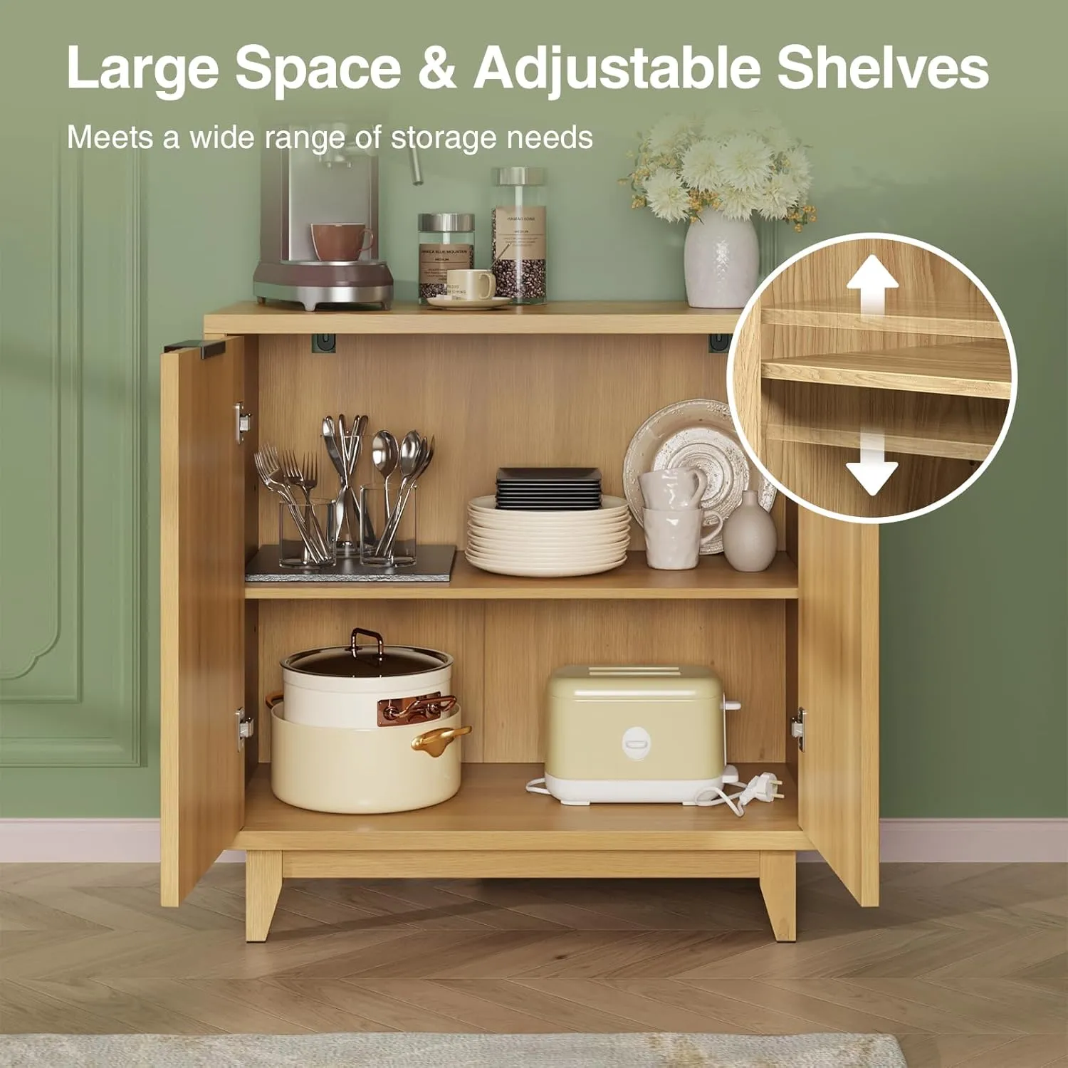 Fluted Cabinet with Storage, 2 Doors Sideboard Buffet, Mid Century Modern Accent Cabinet with Adjustable Shelves, Multifunctional Console Table with Storage for Living Room, Kitchen, Entryway